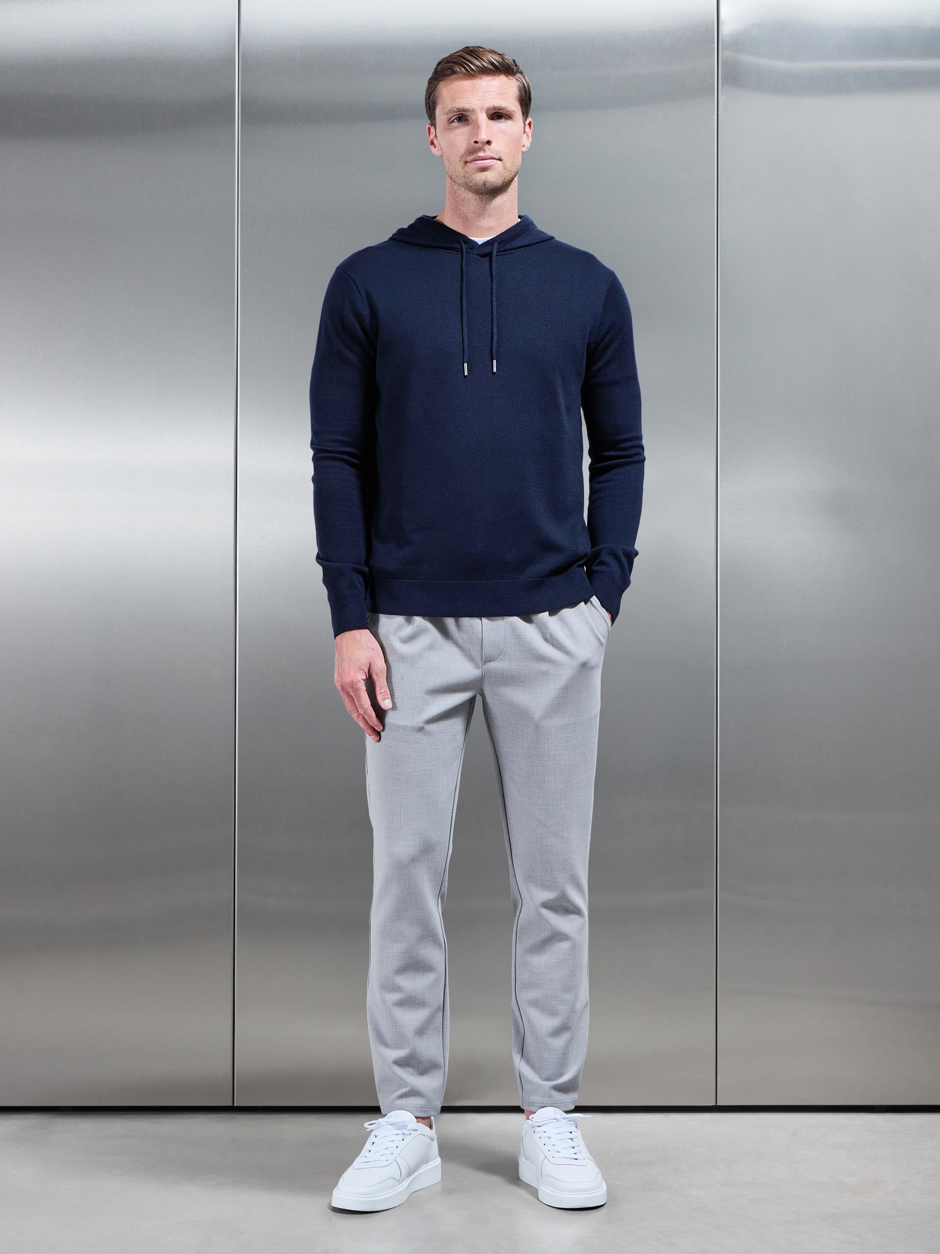 Mens Mercerised Knitted Hoodie in Navy