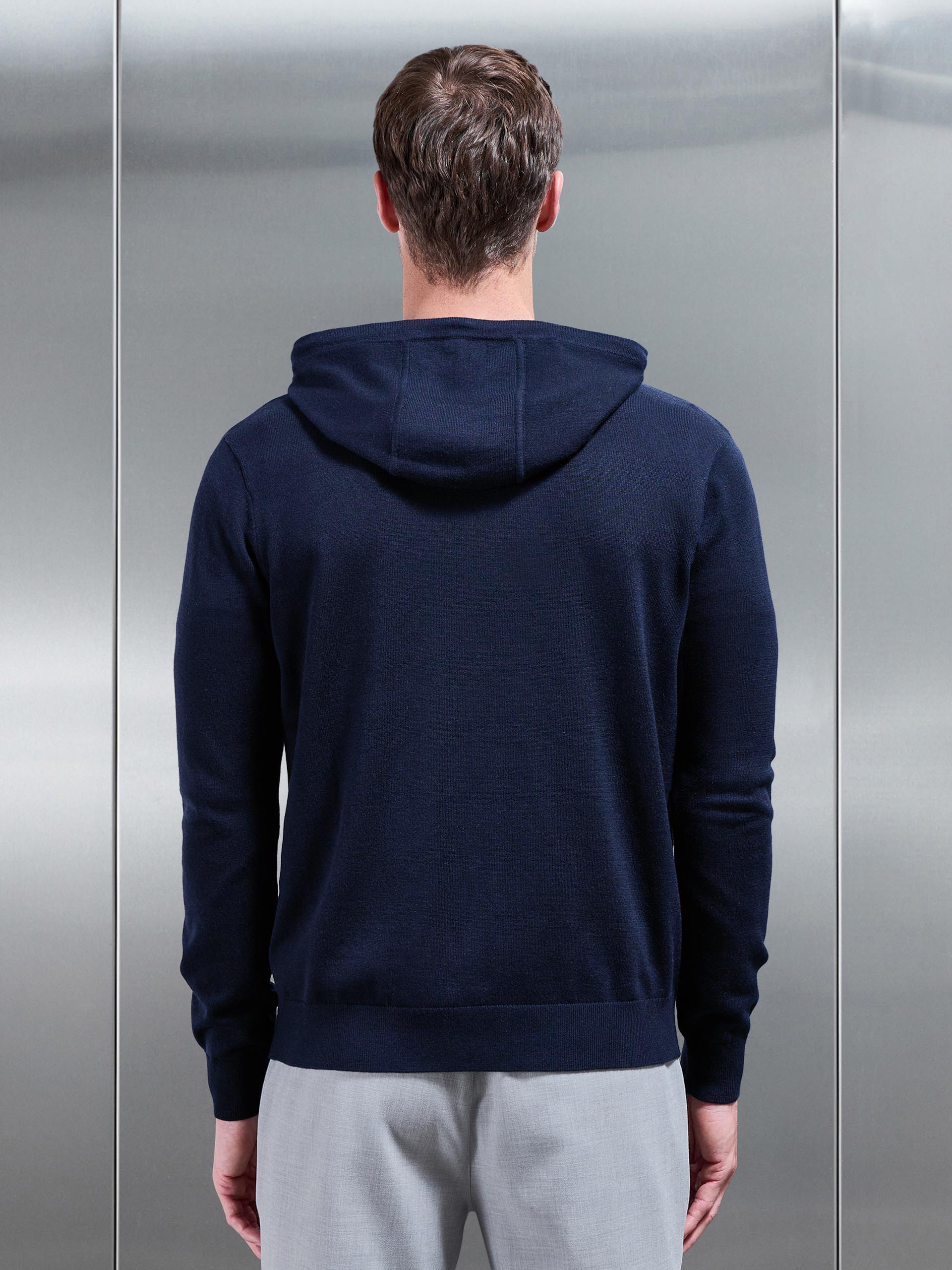 Mens Mercerised Knitted Hoodie in Navy