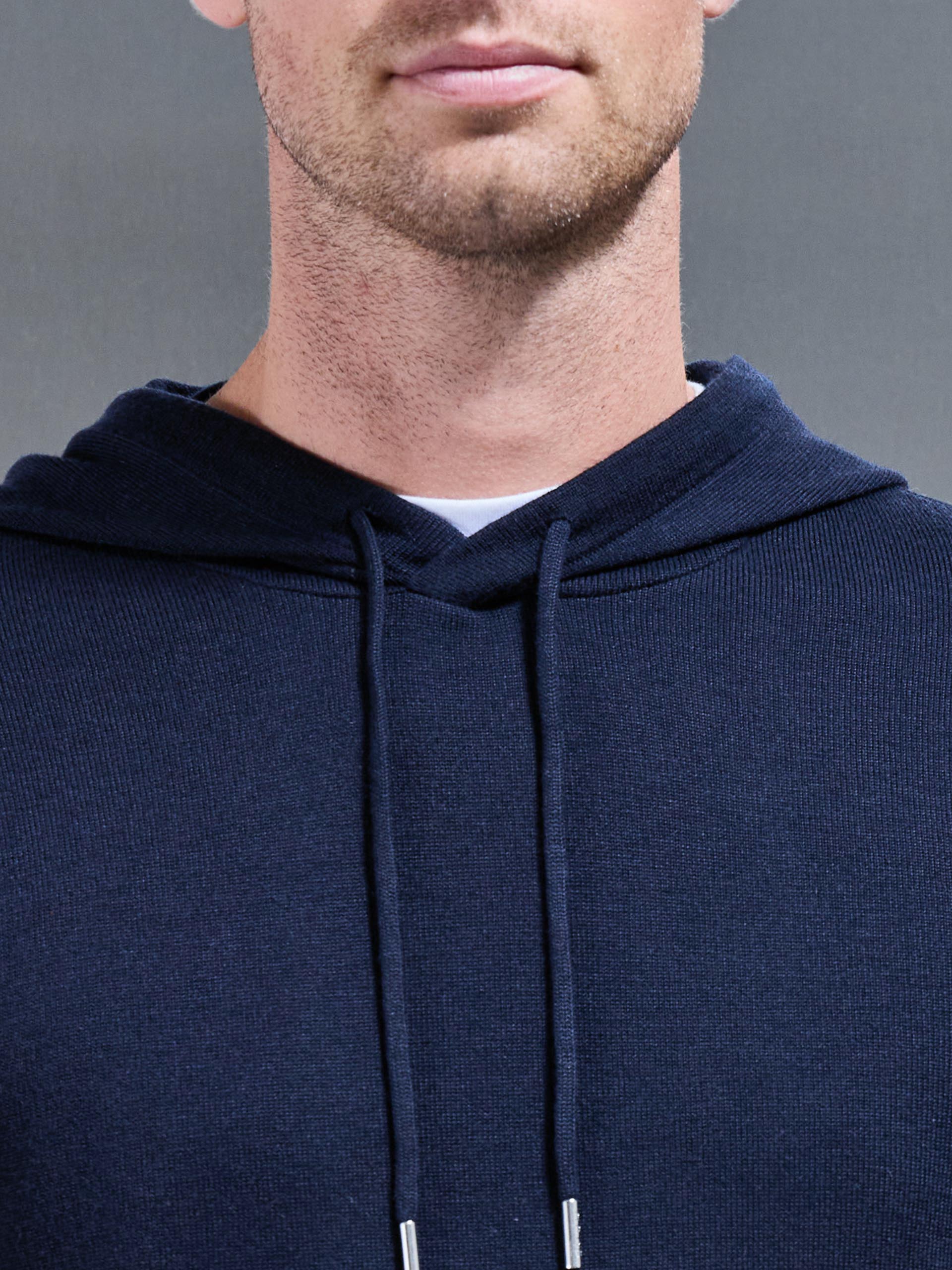 Mens Mercerised Knitted Hoodie in Navy