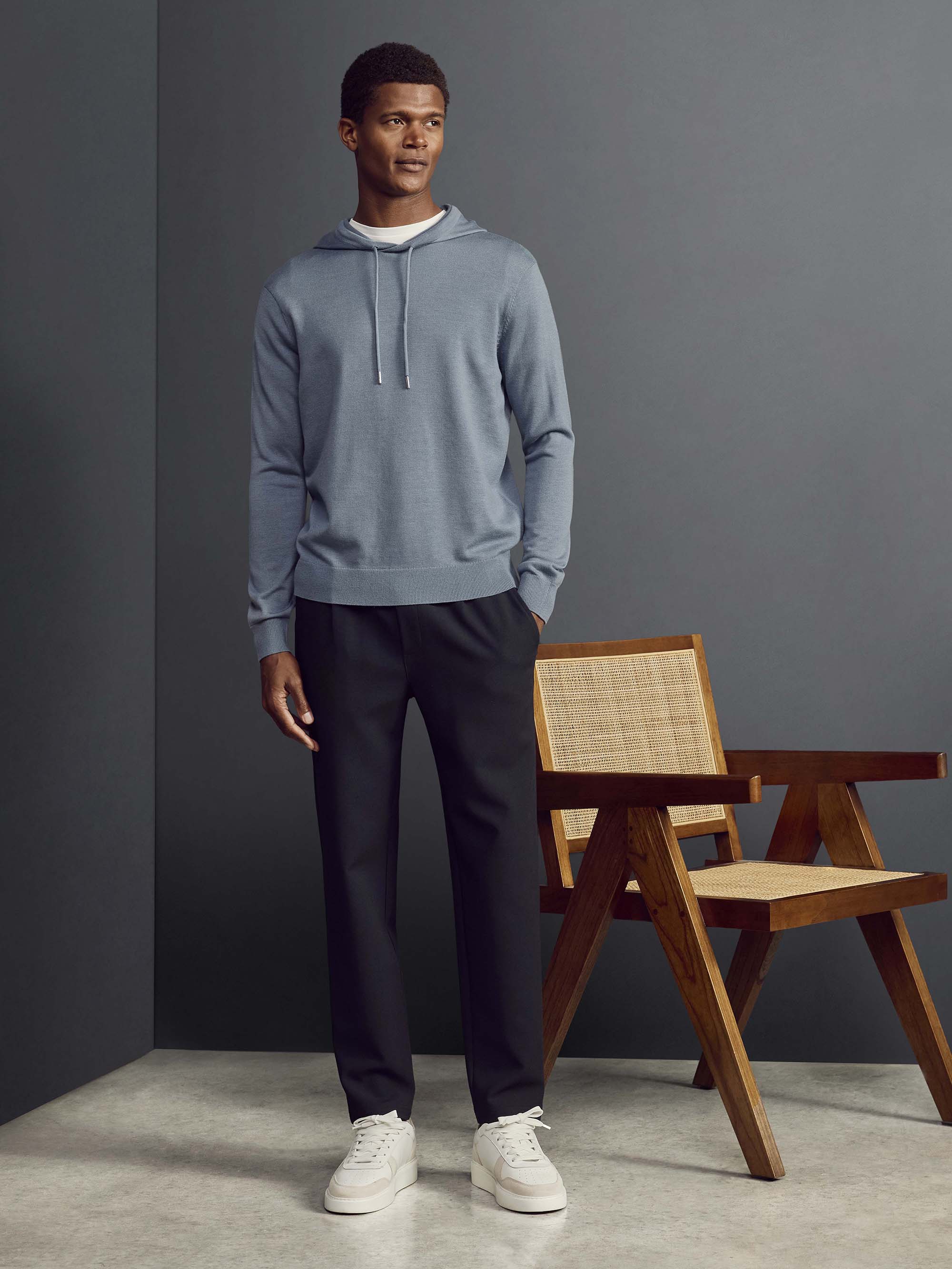 Mens Mercerised Knitted Hoodie in Steel Blue