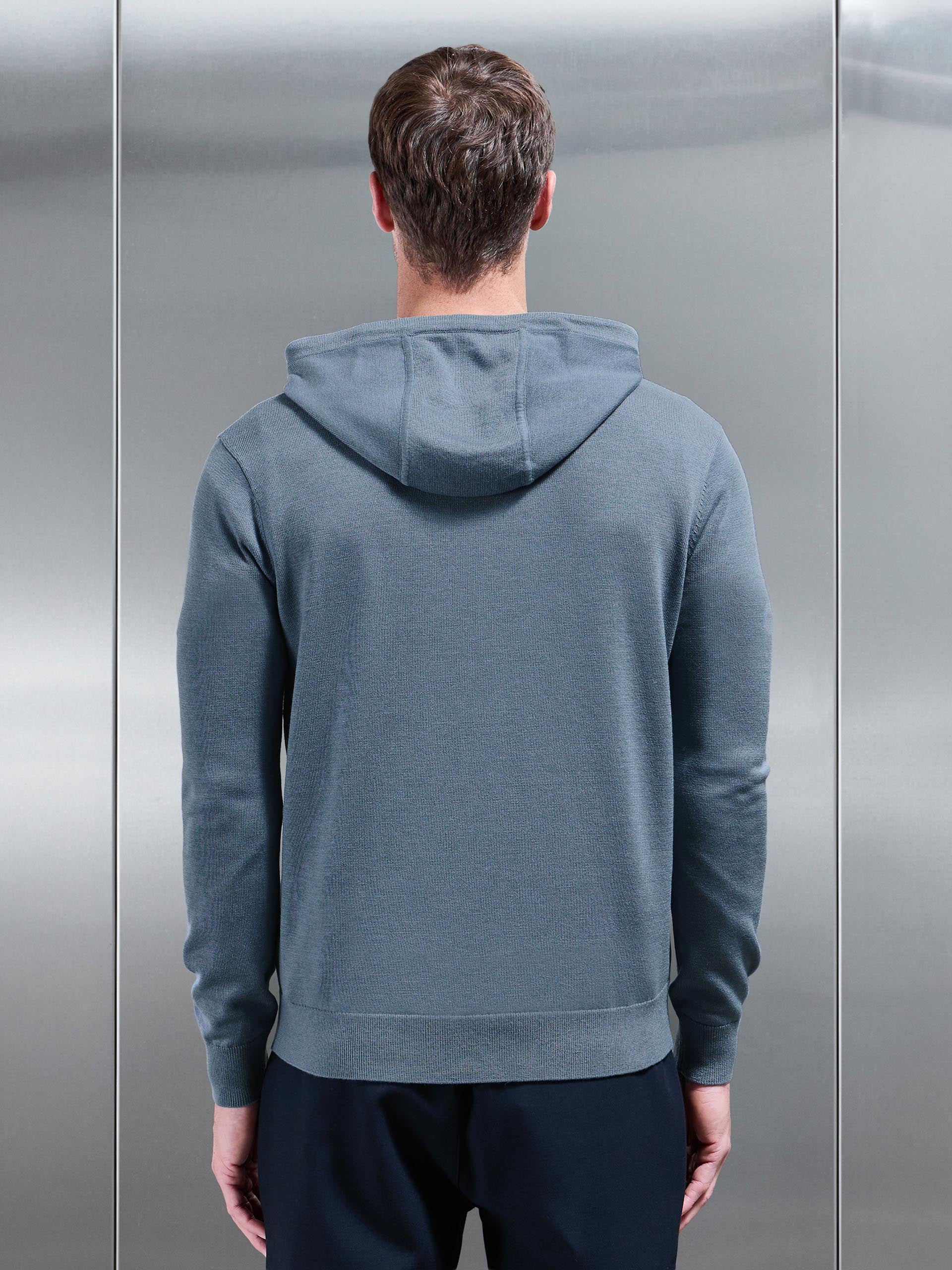 Mens Mercerised Knitted Hoodie in Steel Blue