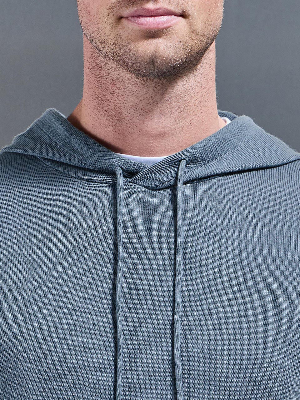 Mens Mercerised Knitted Hoodie in Steel Blue