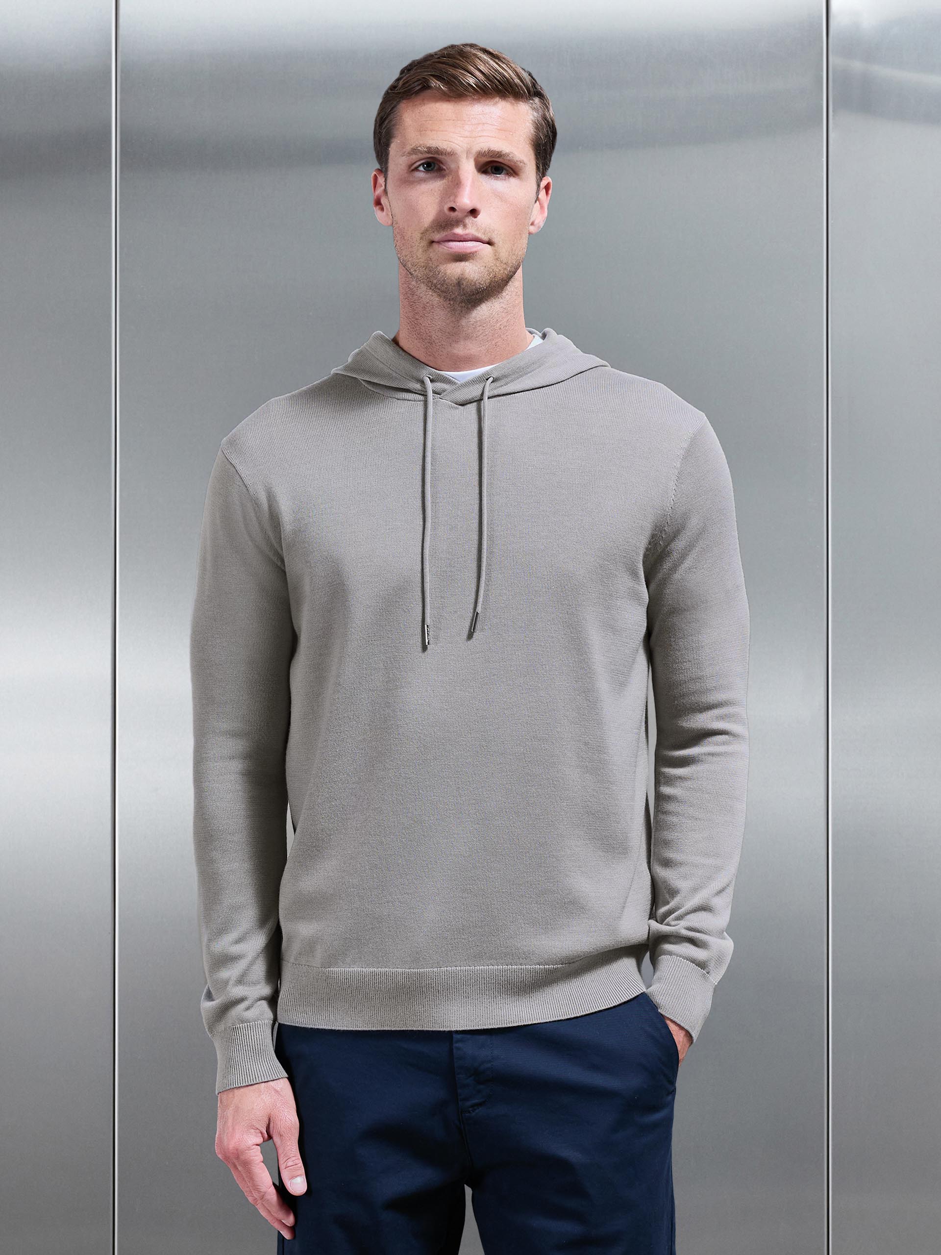Mens Mercerised Knitted Hoodie in Stone