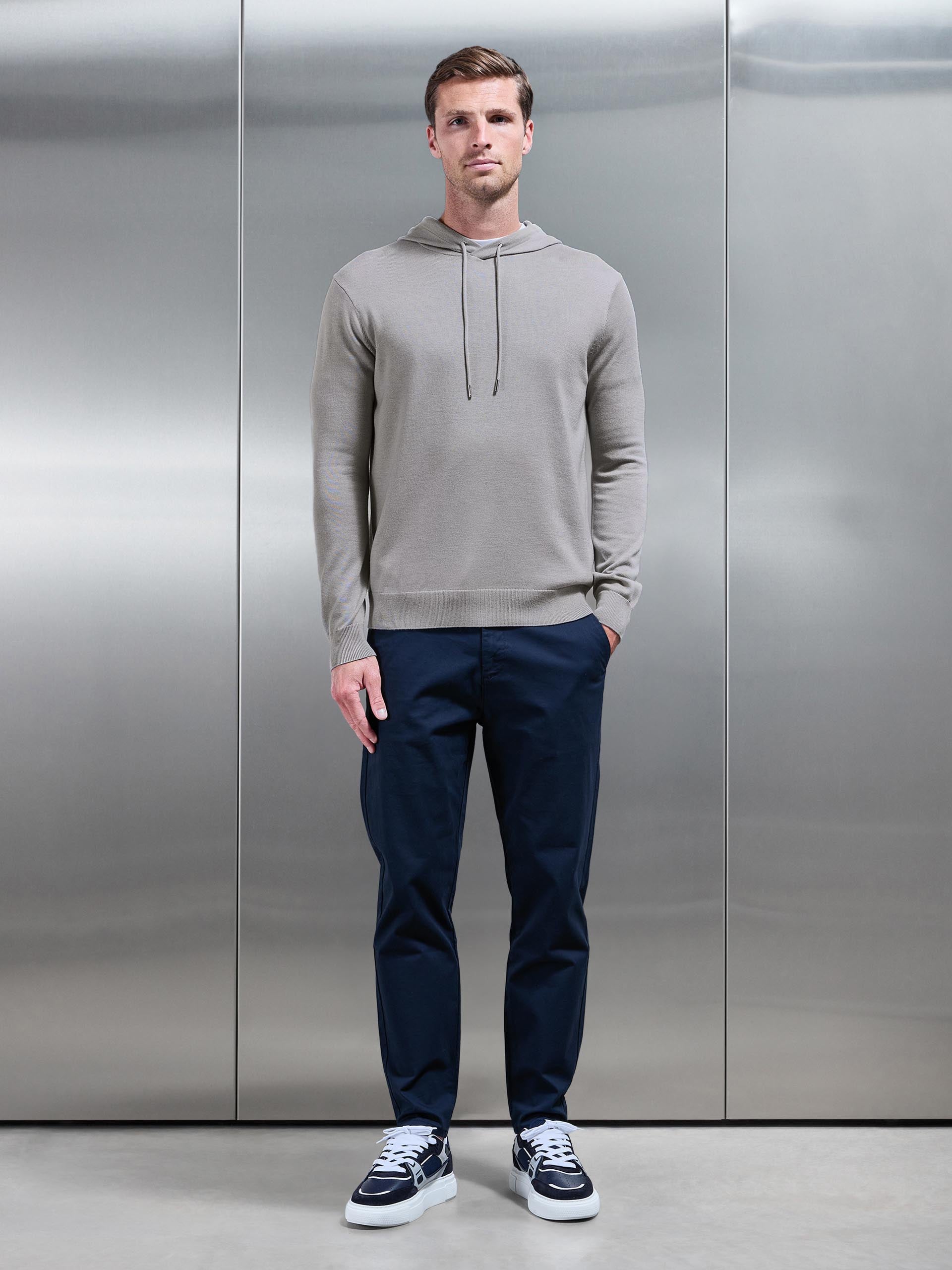 Mens Mercerised Knitted Hoodie in Stone