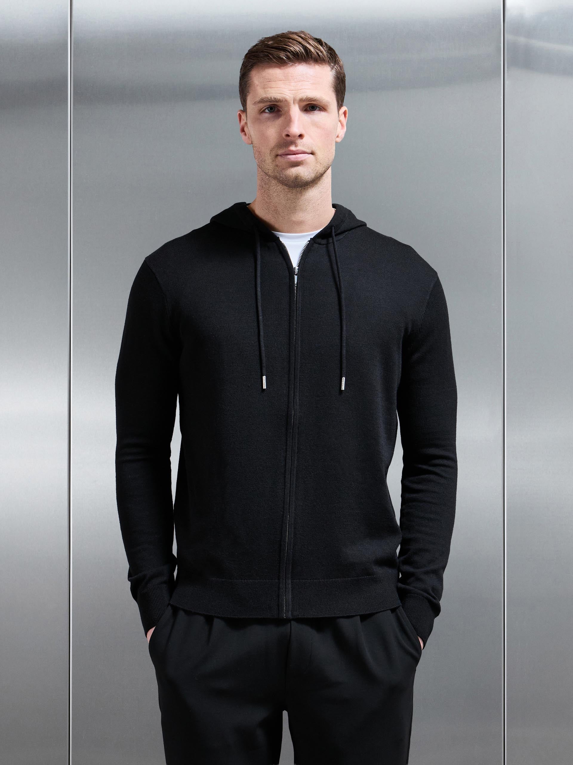 Mens Mercerised Knitted Zip Hoodie in Black