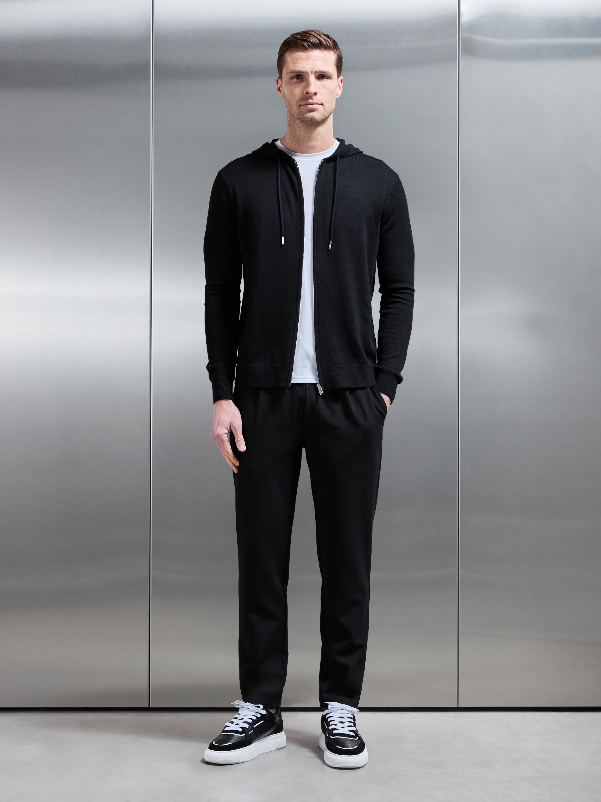 Mens Mercerised Knitted Zip Hoodie in Black