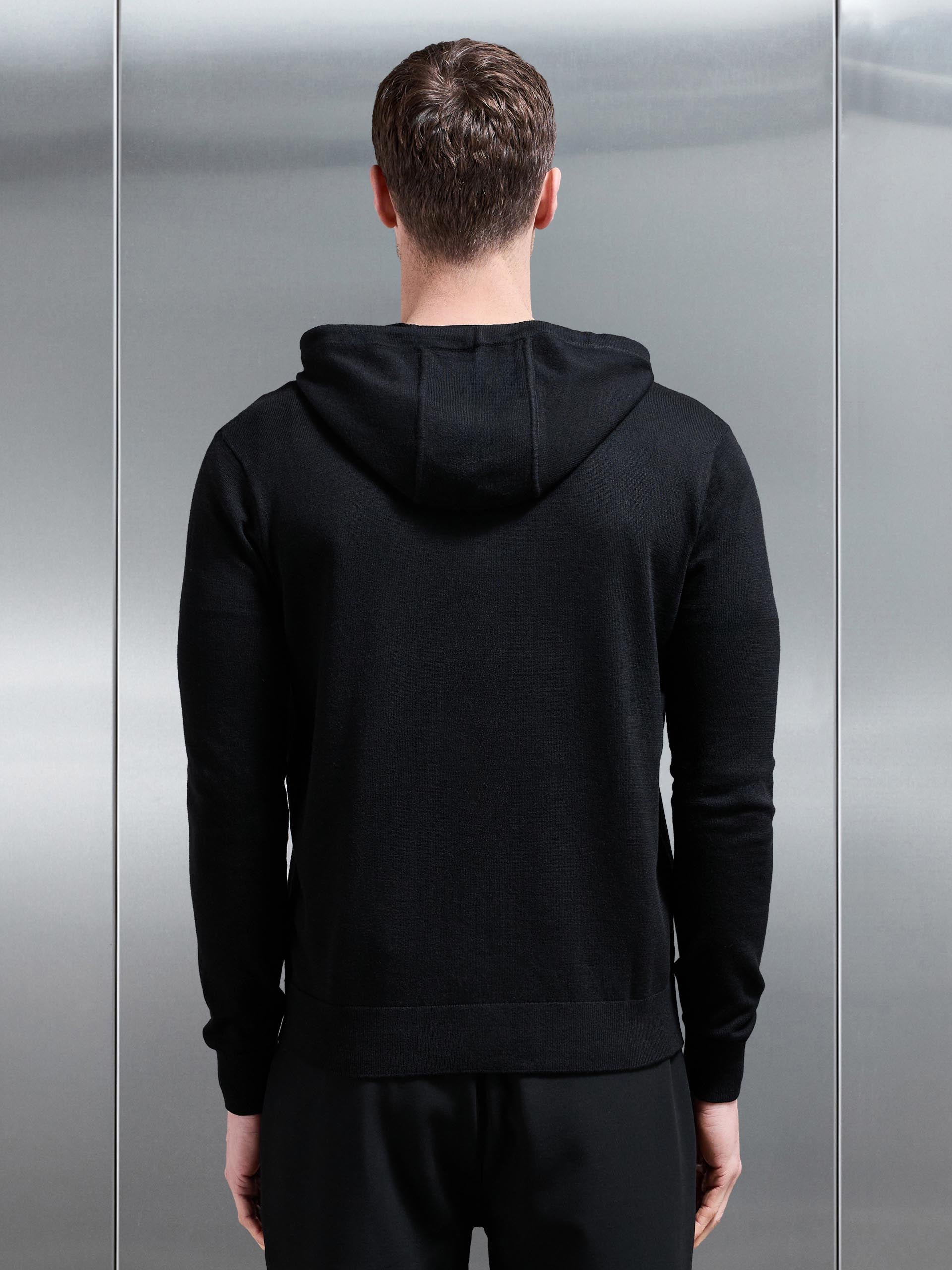 Mens Mercerised Knitted Zip Hoodie in Black