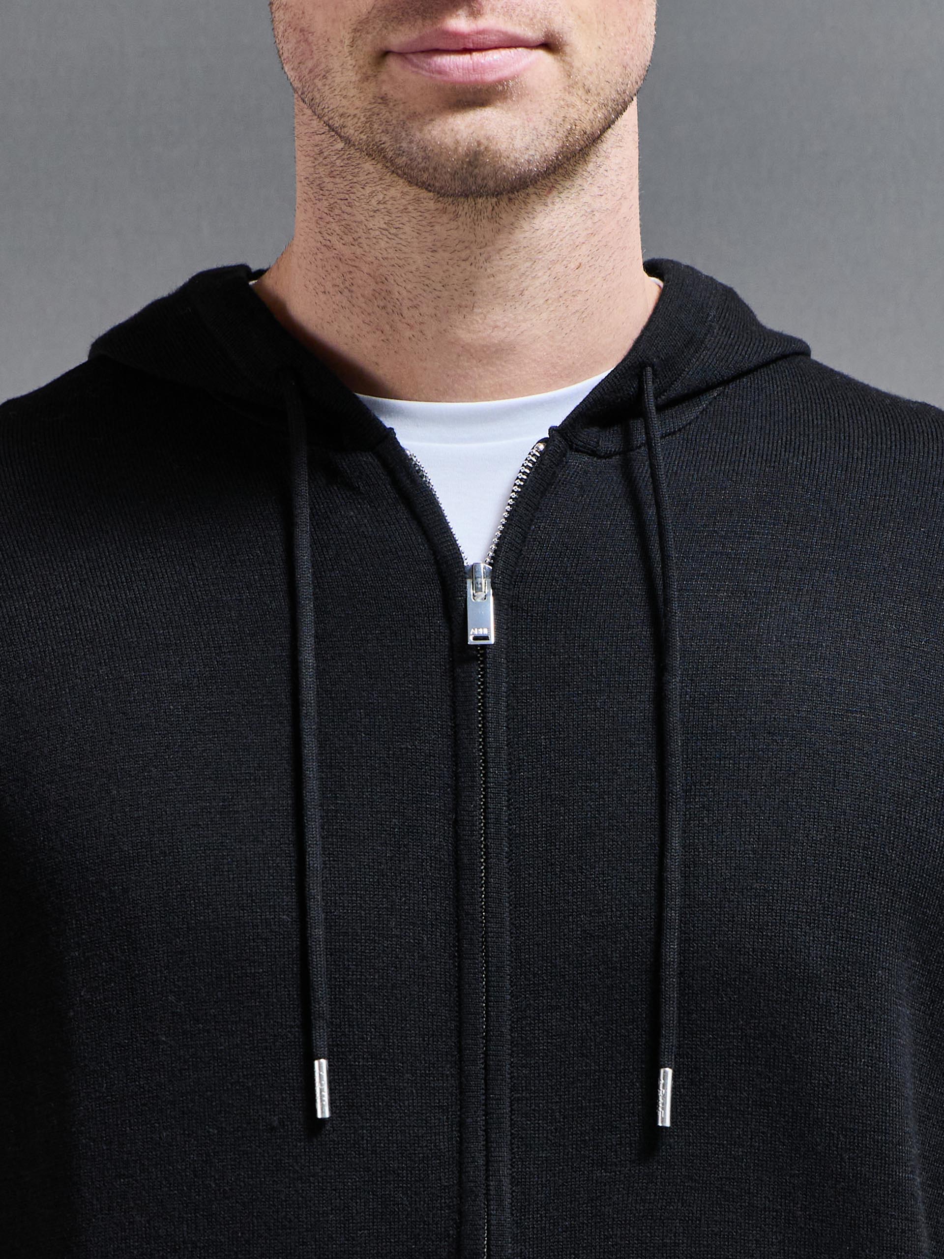 Mens Mercerised Knitted Zip Hoodie in Black