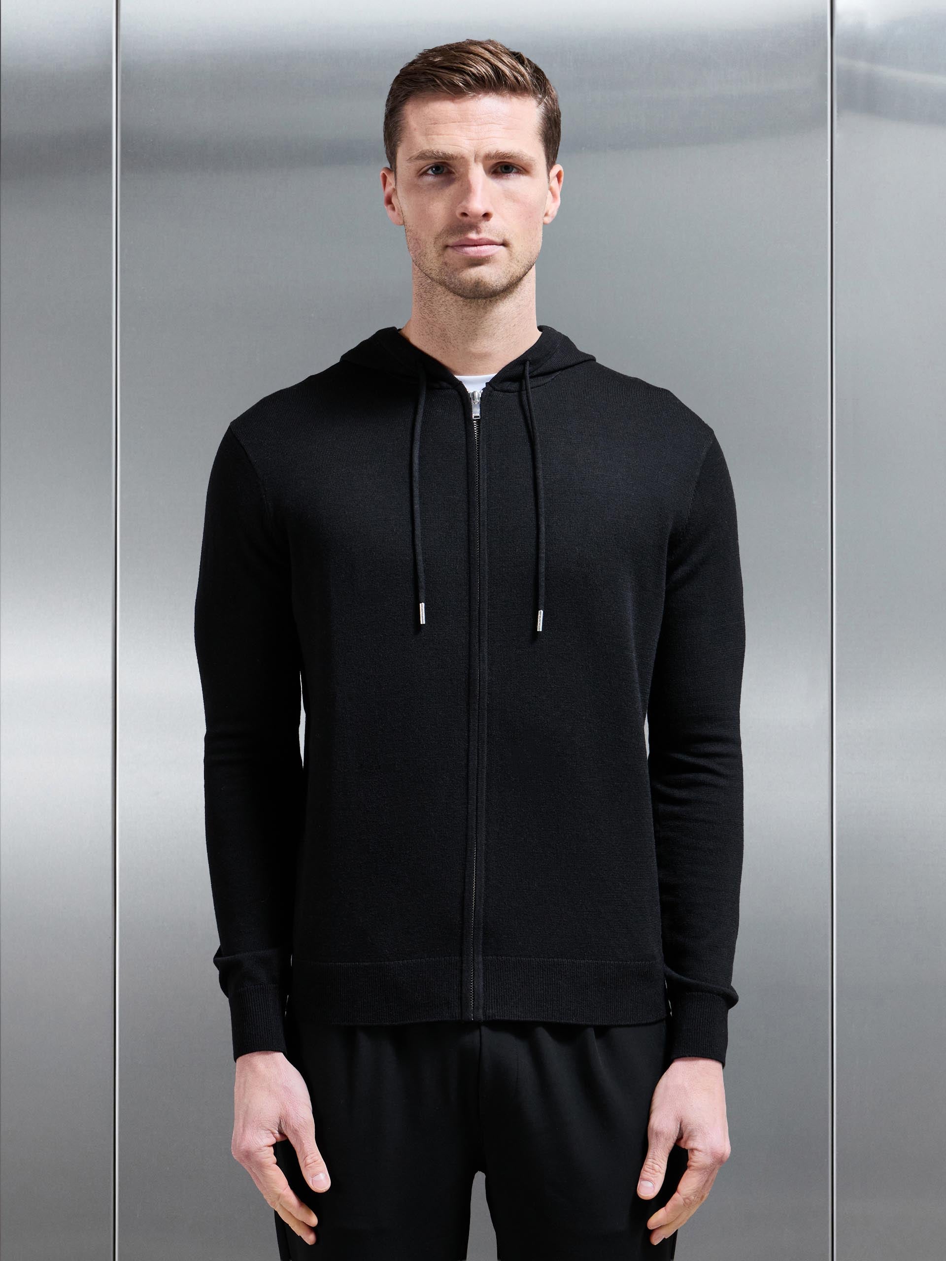 Mens Mercerised Knitted Zip Hoodie in Black