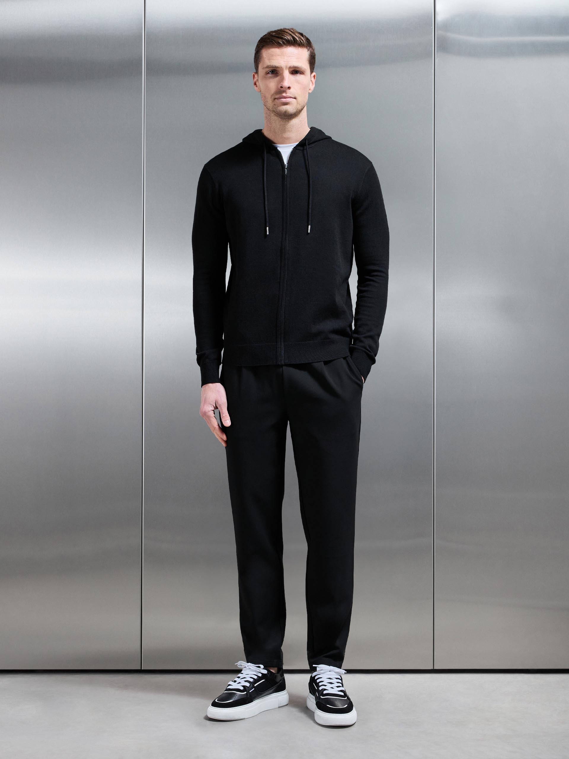 Mens Mercerised Knitted Zip Hoodie in Black