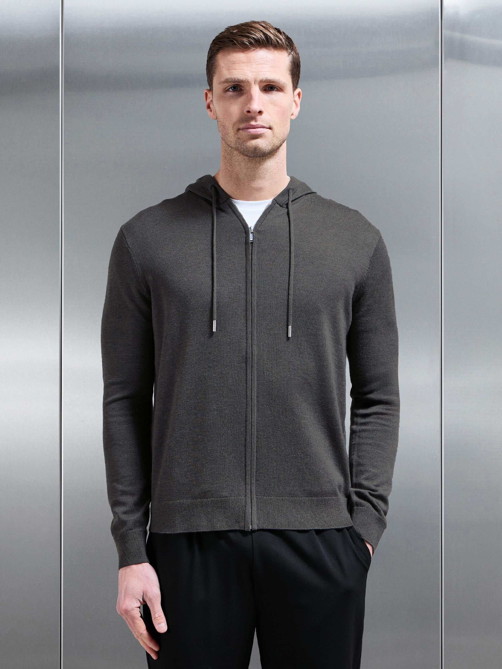 Mens Mercerised Knitted Zip Hoodie in Charcoal Marl