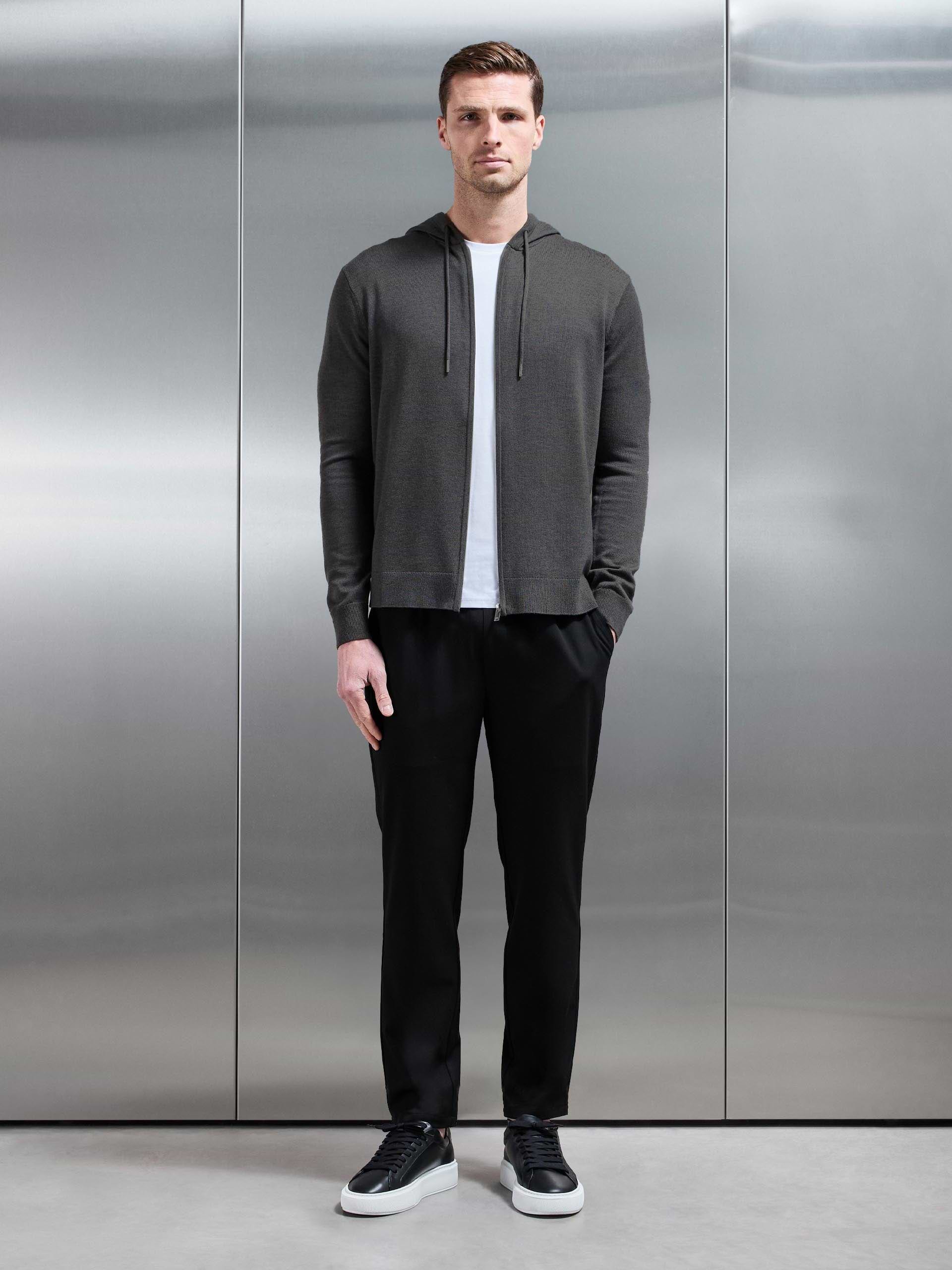 Mens Mercerised Knitted Zip Hoodie in Charcoal Marl