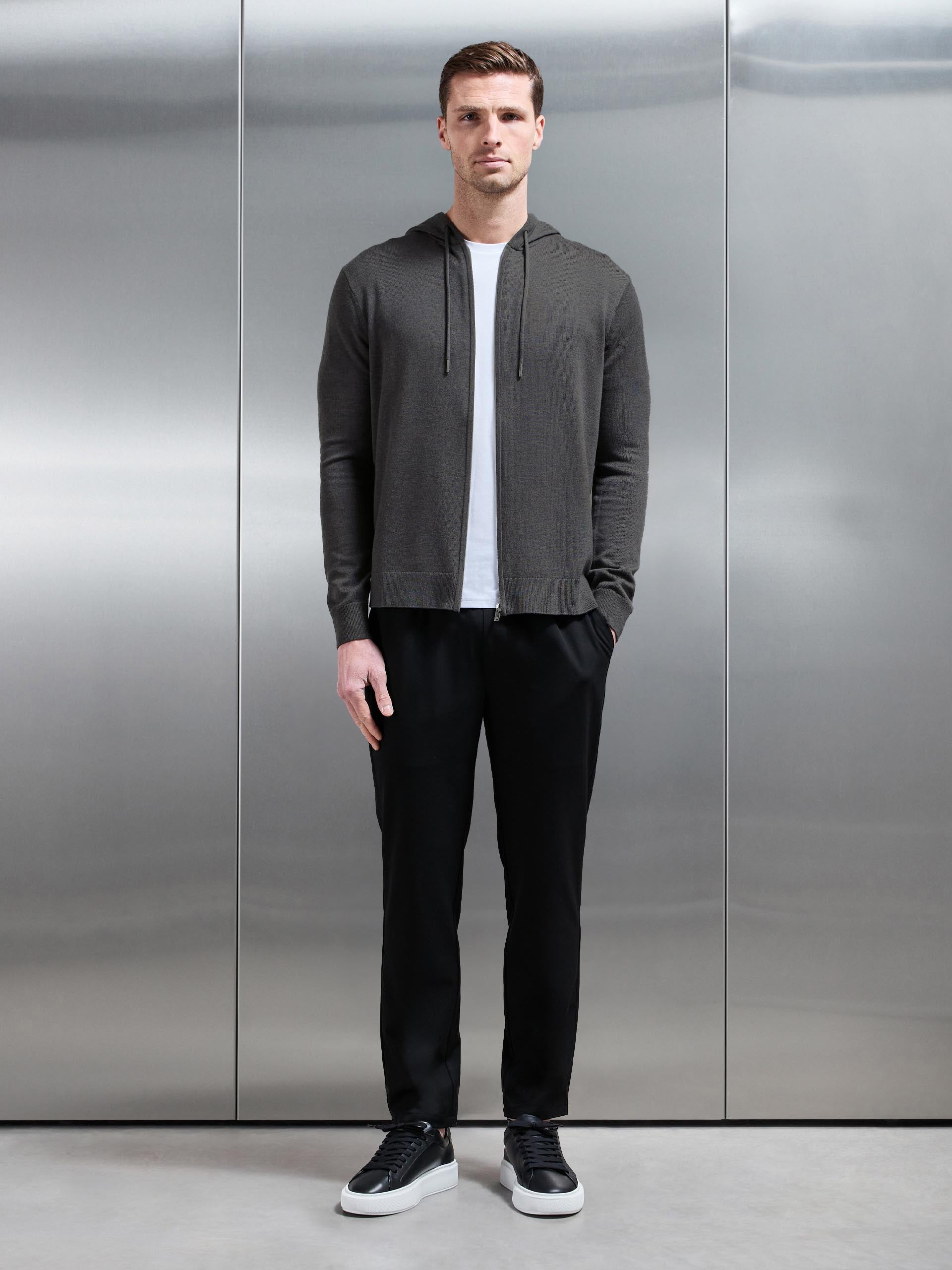 Mens Mercerised Knitted Zip Hoodie in Charcoal Marl
