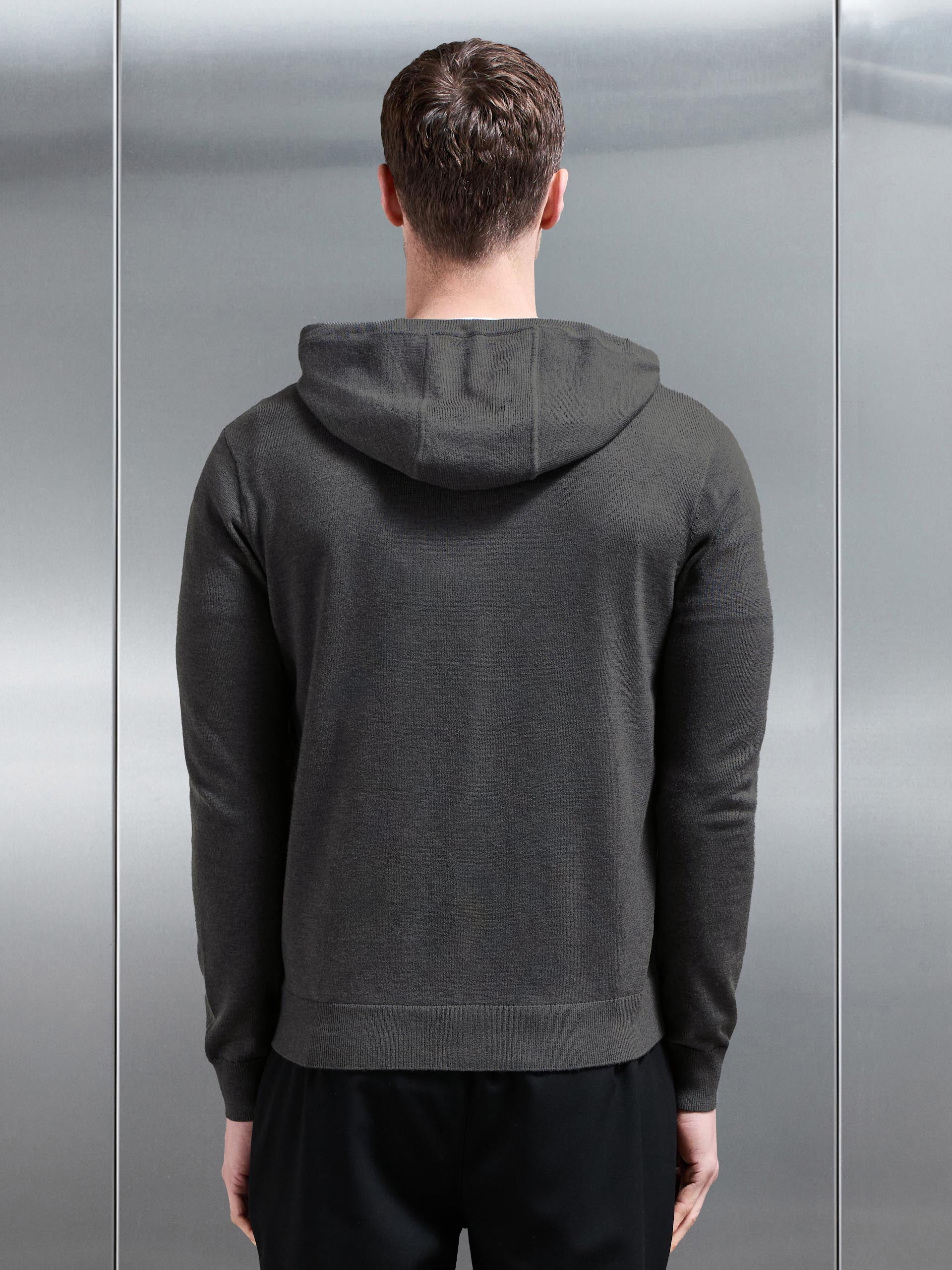 Mens Mercerised Knitted Zip Hoodie in Charcoal Marl