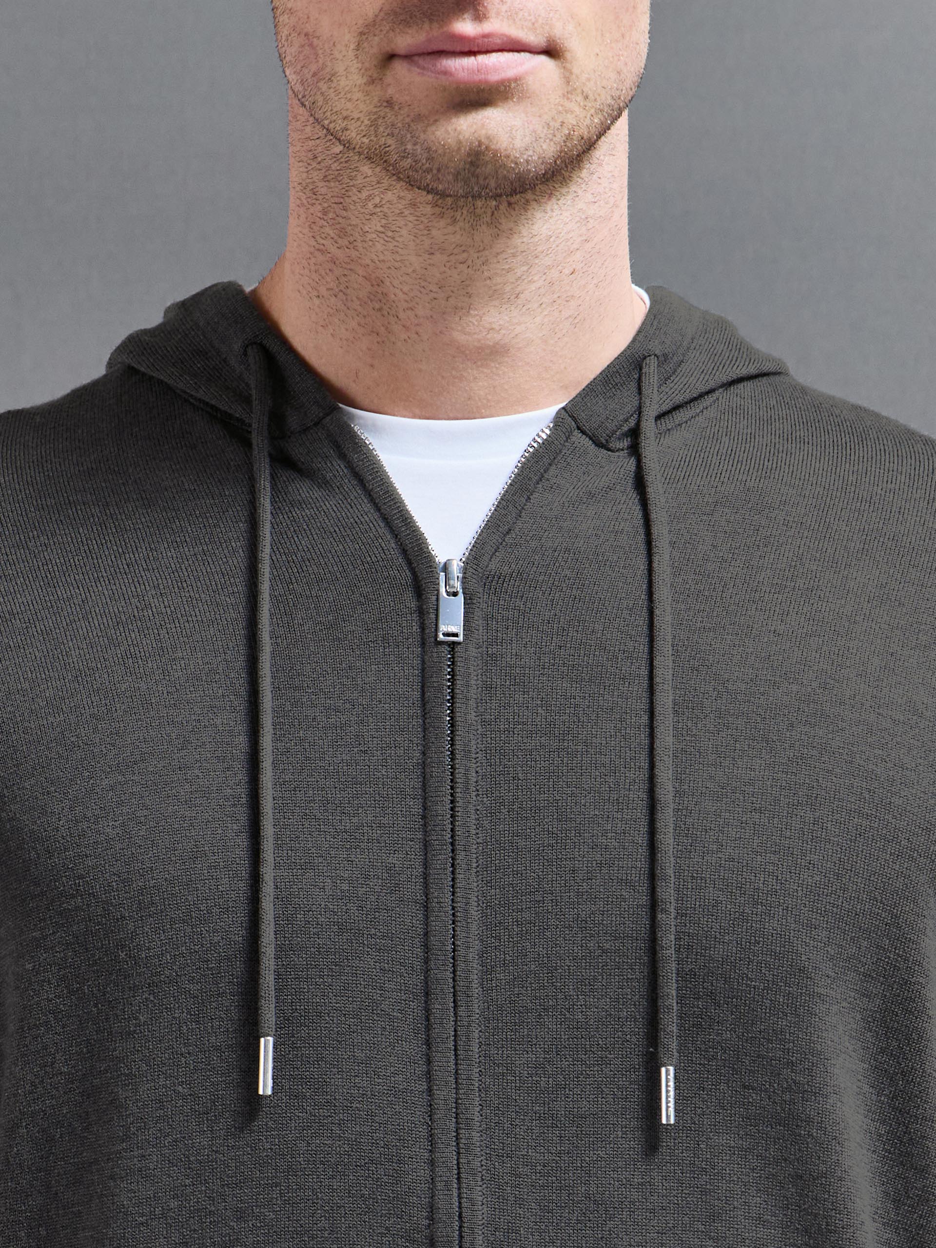 Mens Mercerised Knitted Zip Hoodie in Charcoal Marl