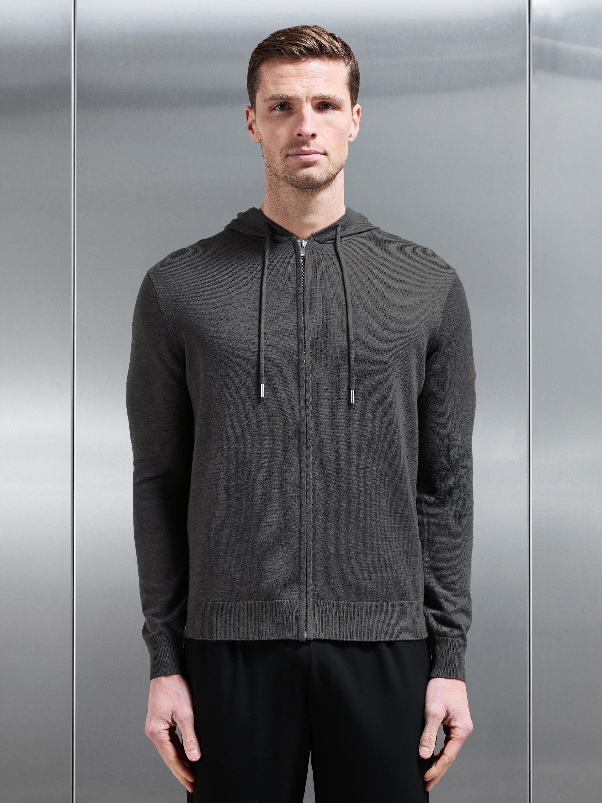 Mens Mercerised Knitted Zip Hoodie in Charcoal Marl