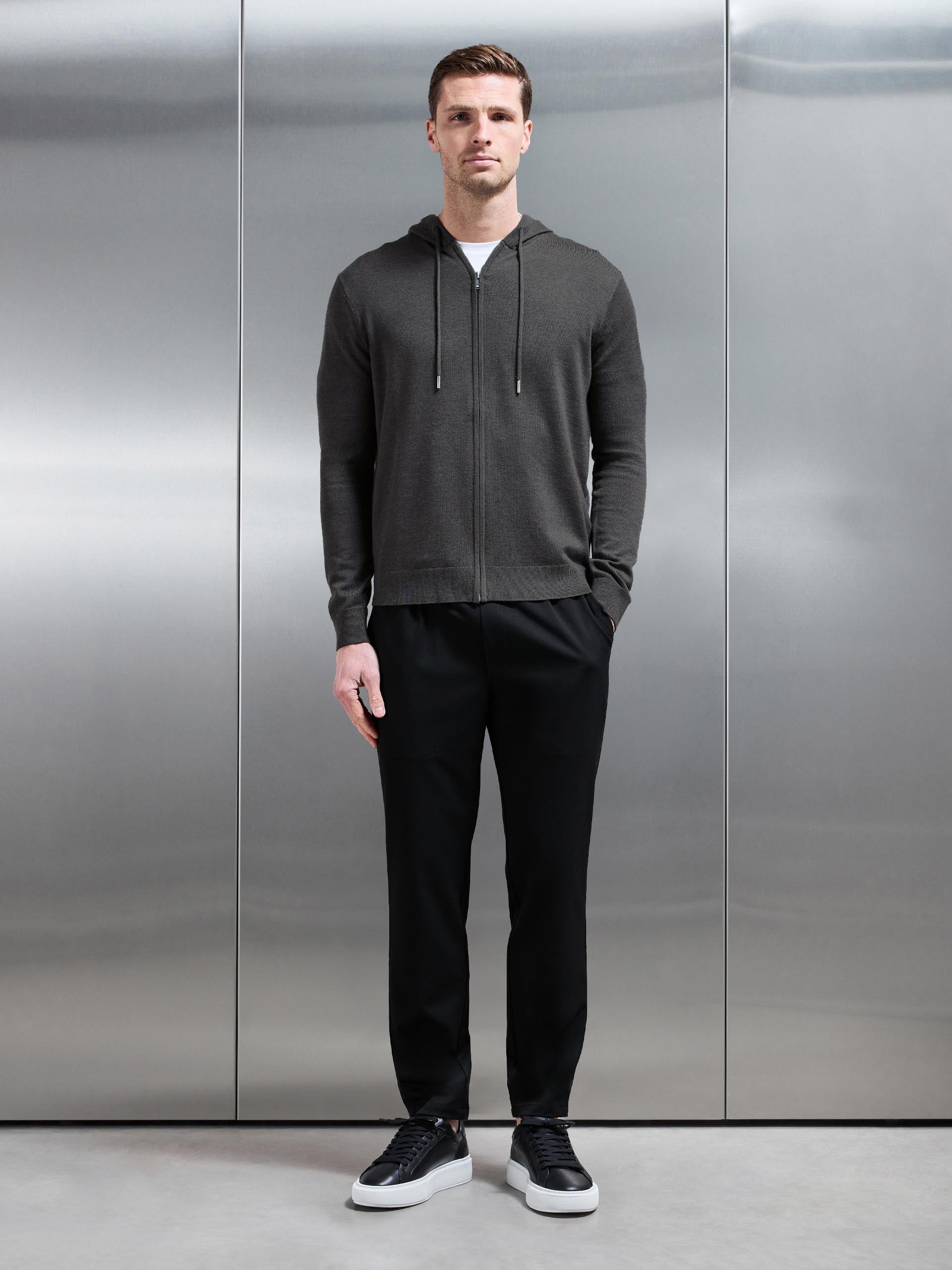 Mens Mercerised Knitted Zip Hoodie in Charcoal Marl