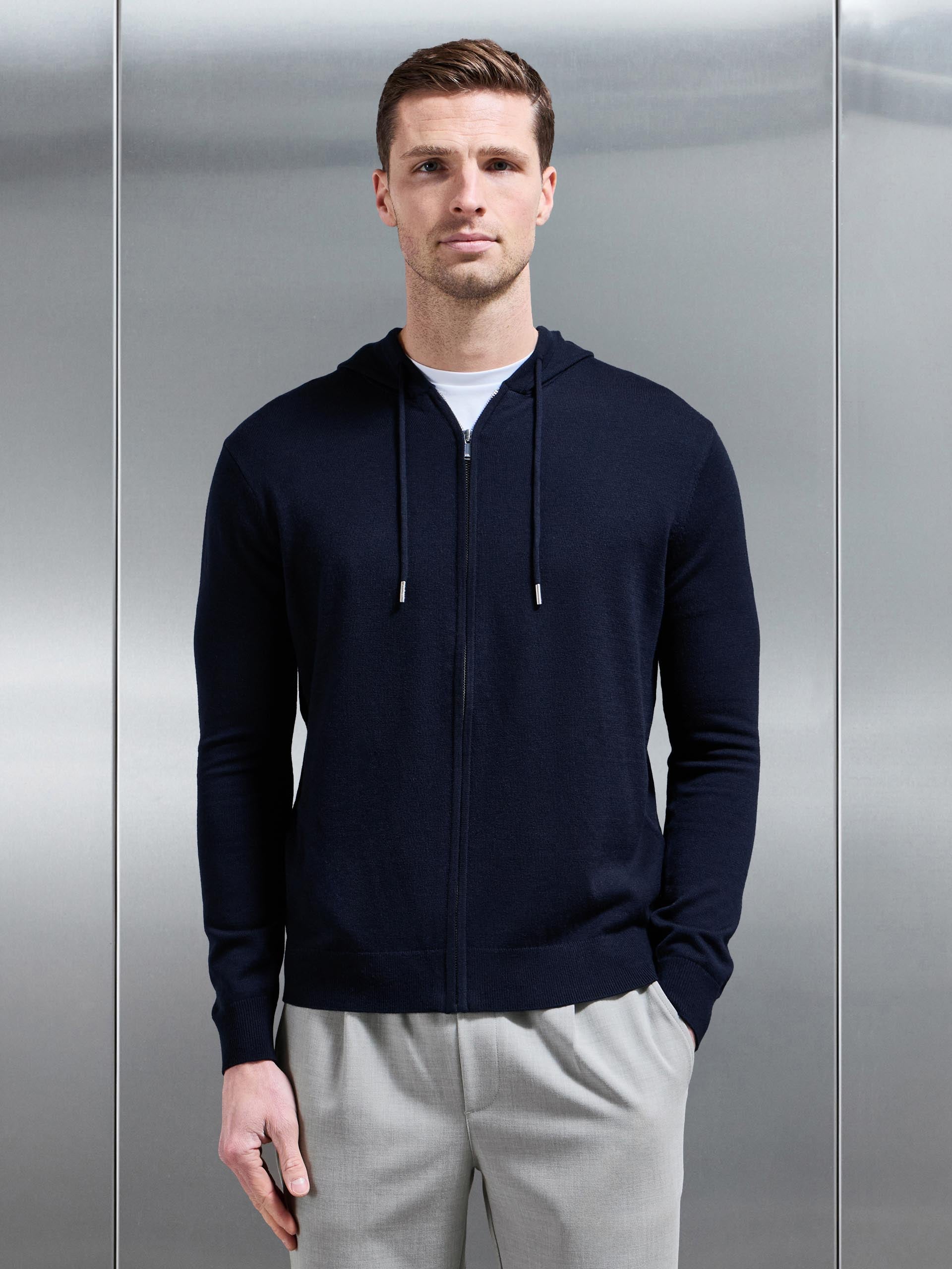 Mens Mercerised Knitted Zip Hoodie in Navy
