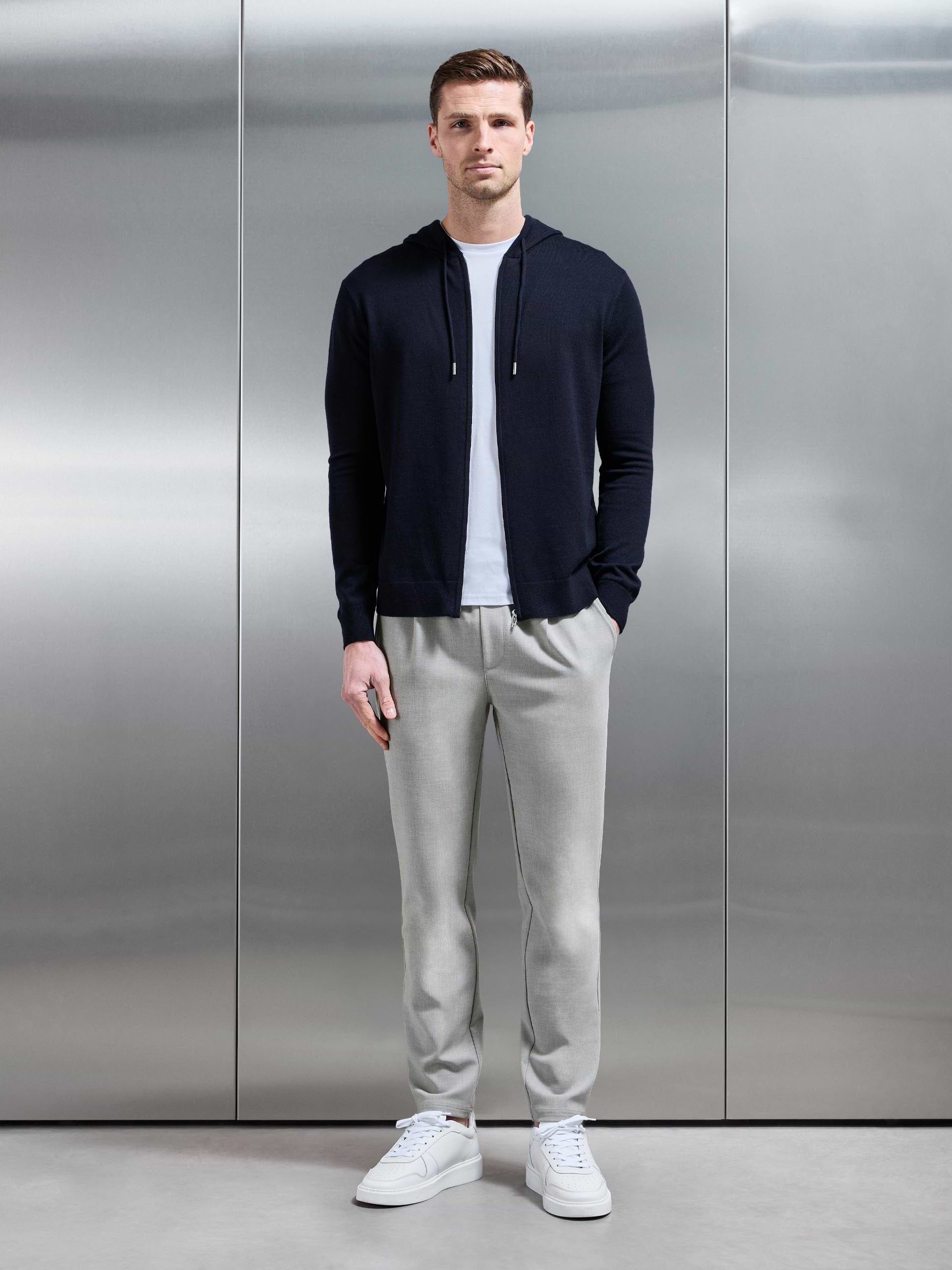 Mens Mercerised Knitted Zip Hoodie in Navy