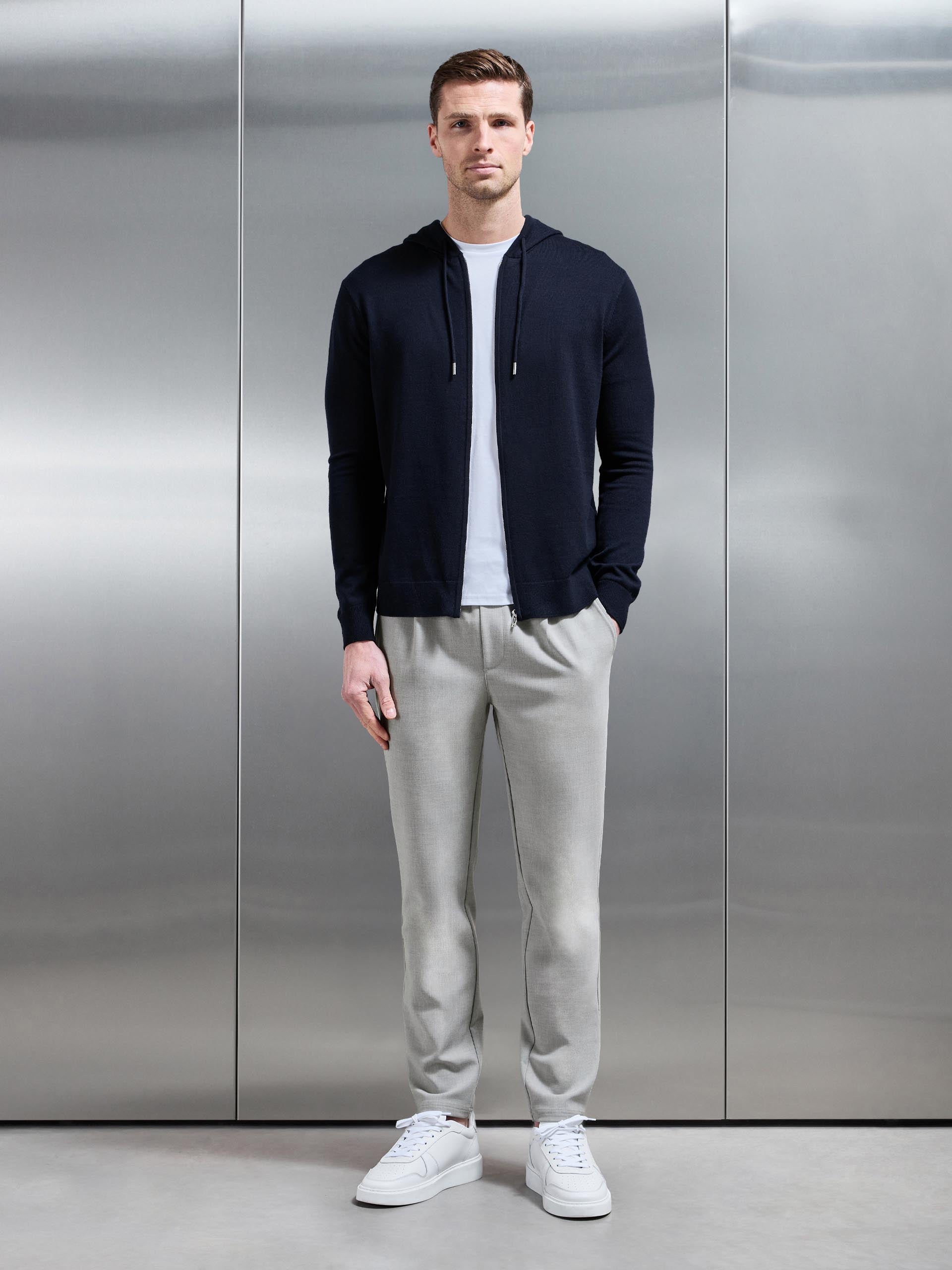 Mens Mercerised Knitted Zip Hoodie in Navy