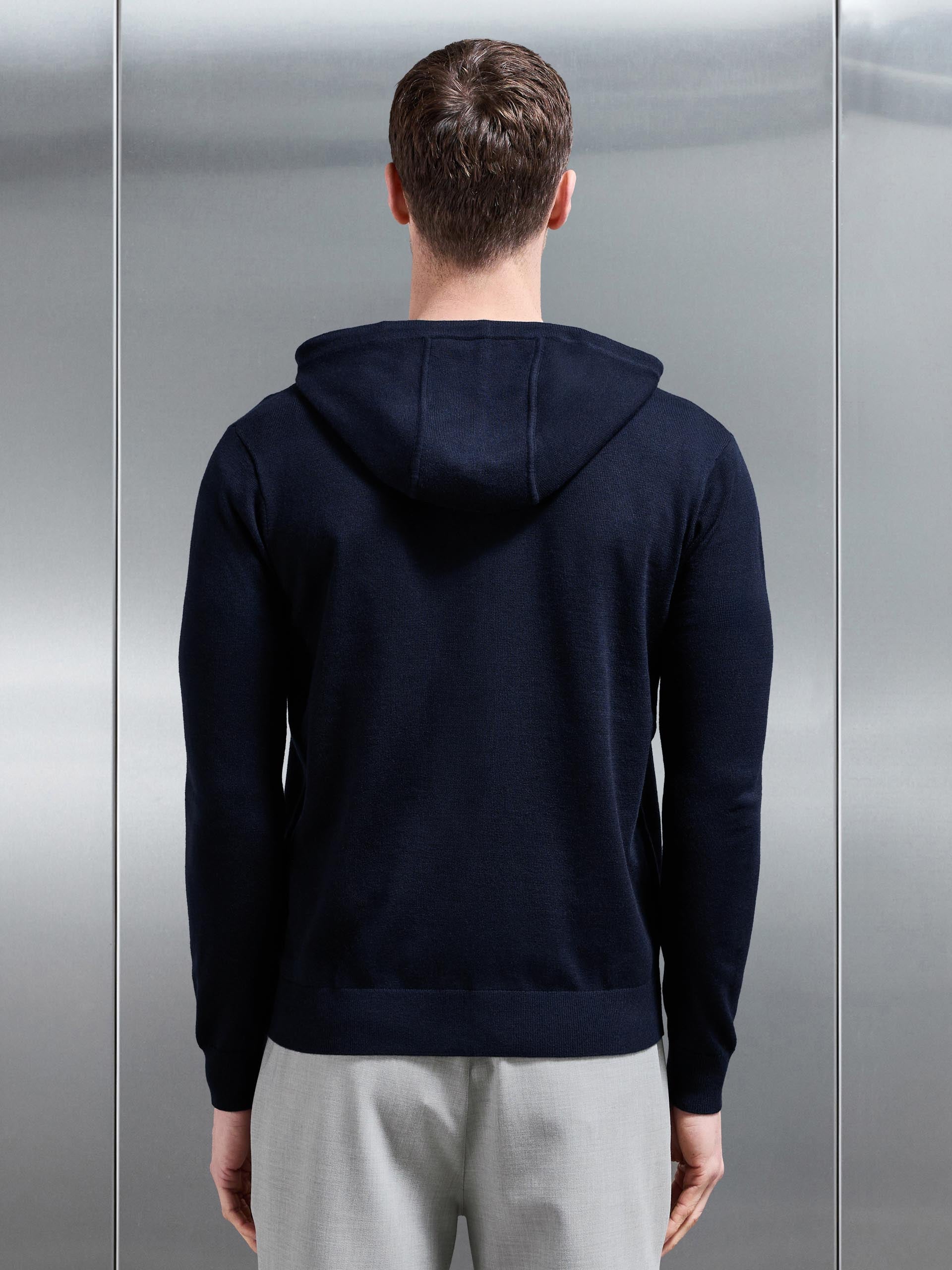Mens Mercerised Knitted Zip Hoodie in Navy