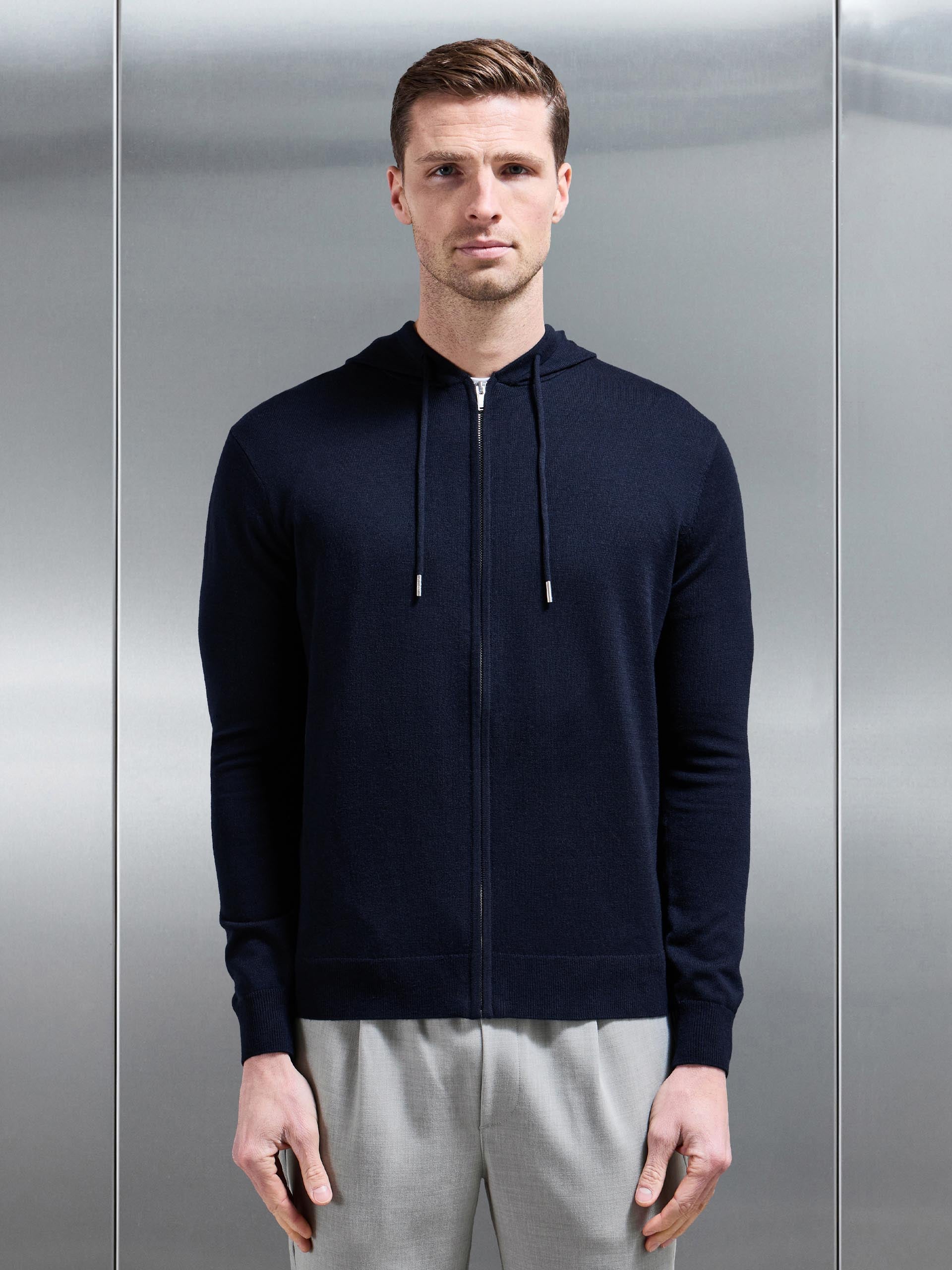 Mens Mercerised Knitted Zip Hoodie in Navy