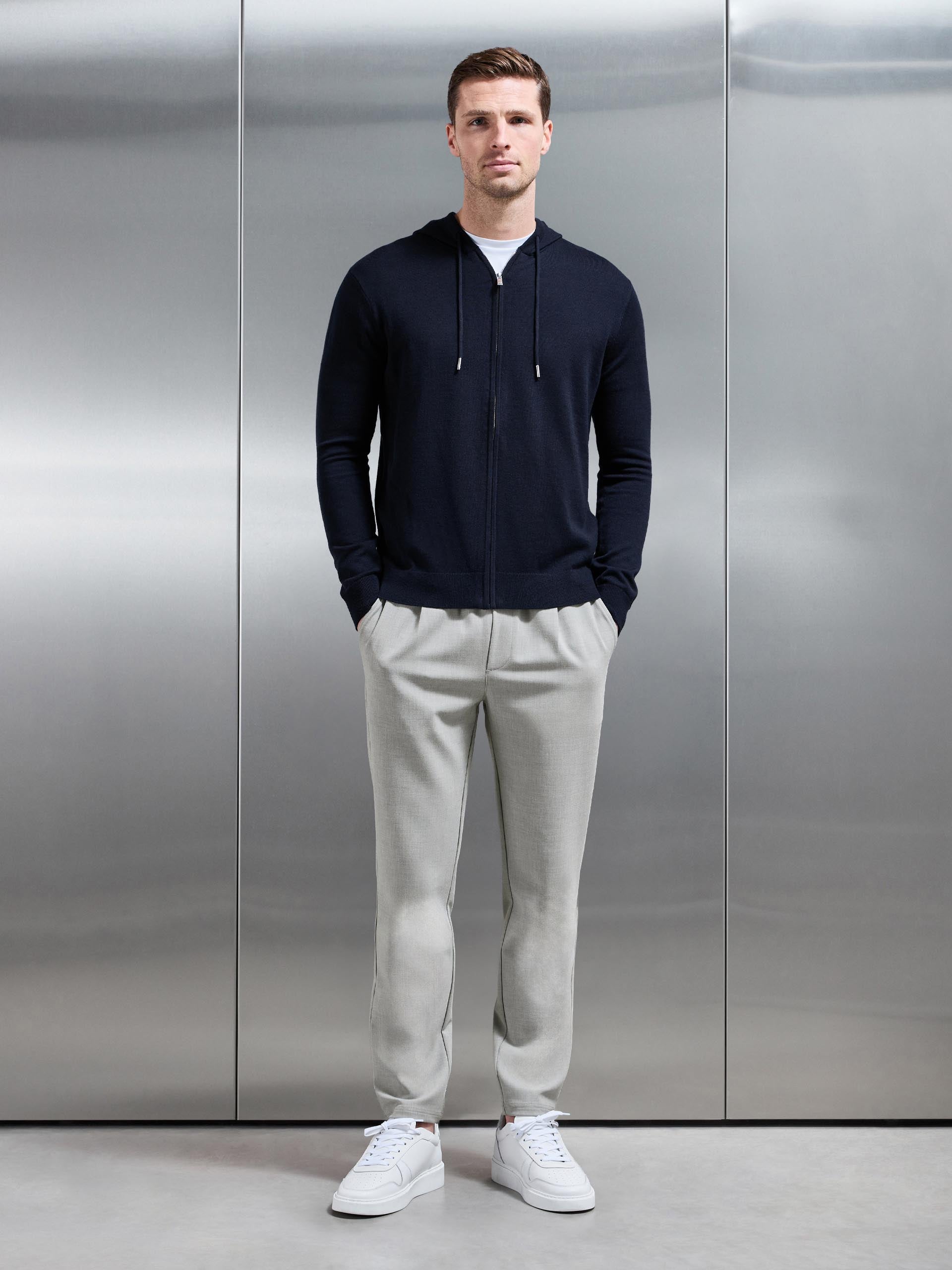 Mens Mercerised Knitted Zip Hoodie in Navy