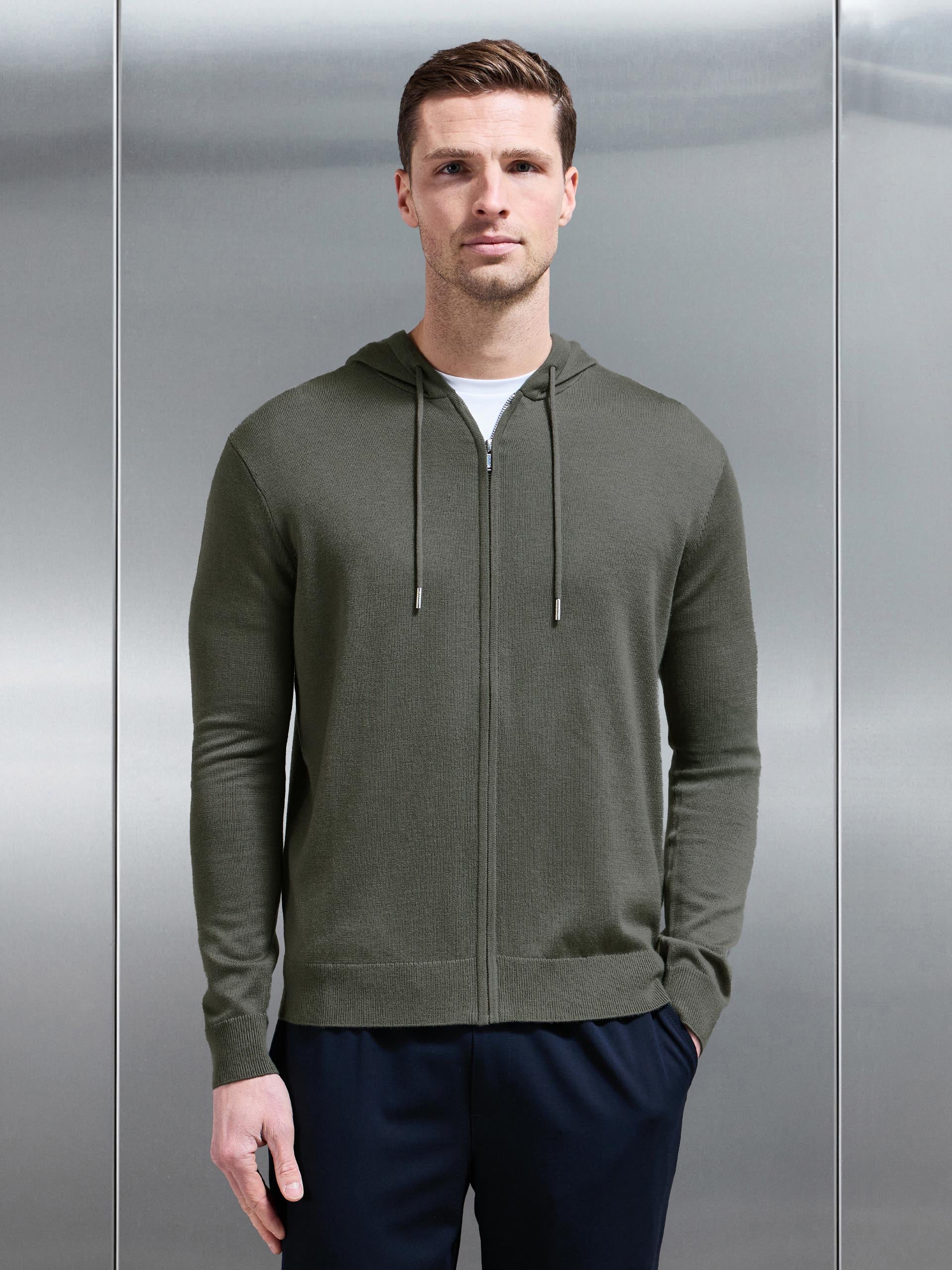 Mens Mercerised Knitted Zip Hoodie in Sage