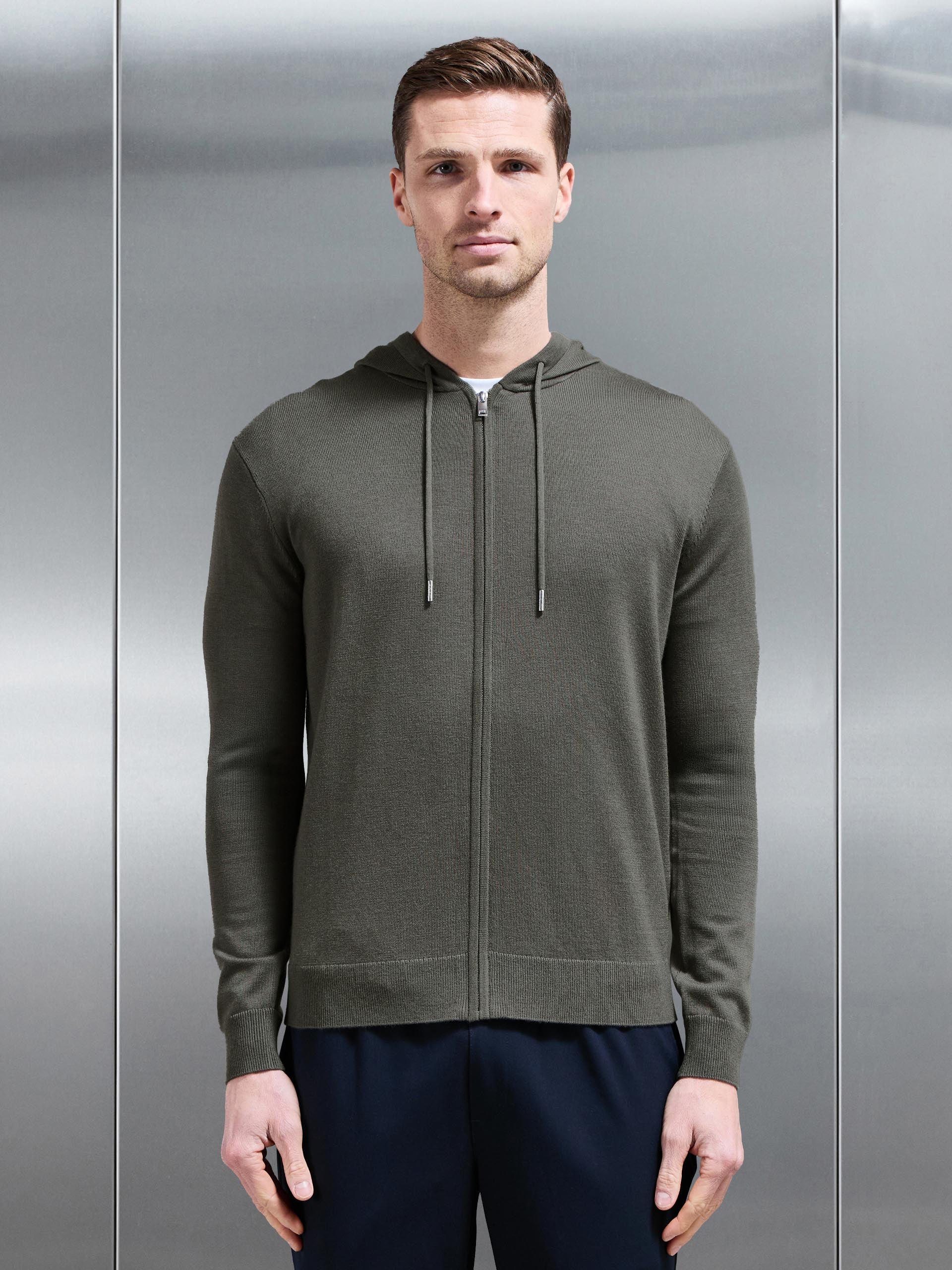 Mens Mercerised Knitted Zip Hoodie in Sage