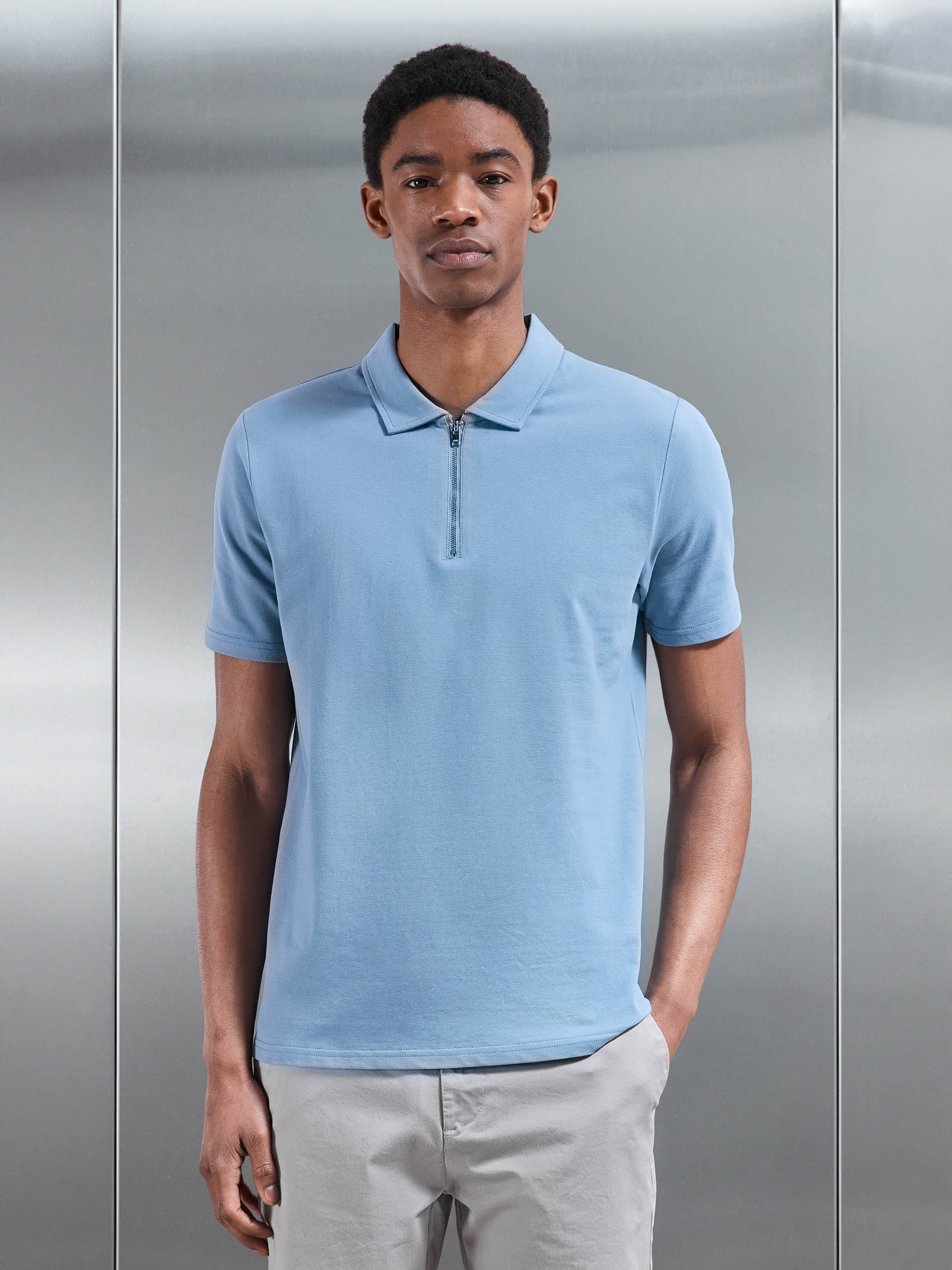 Mens Mercerised Pique Zip Polo Shirt in Light Blue