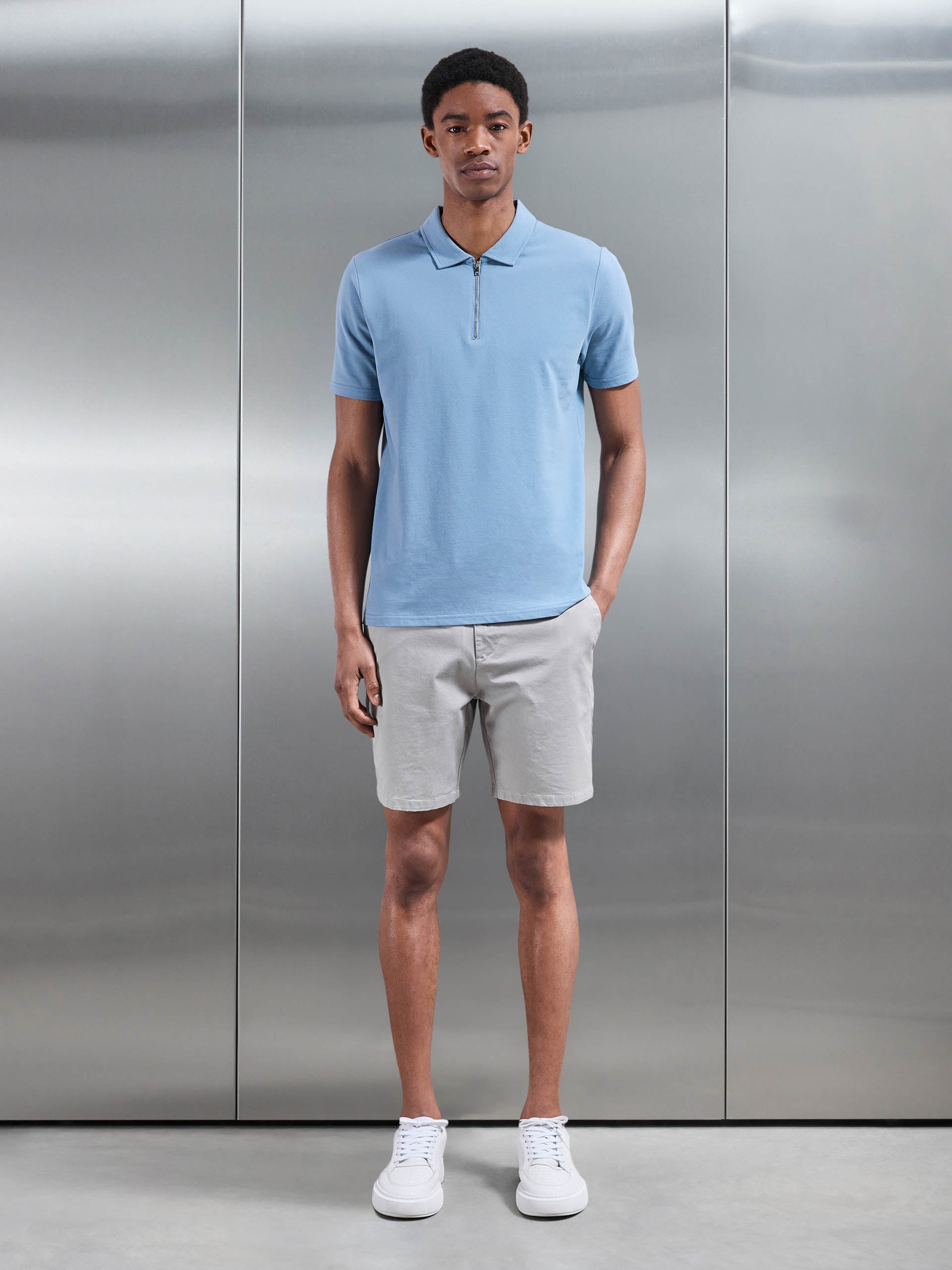 Mens Mercerised Pique Zip Polo Shirt in Light Blue
