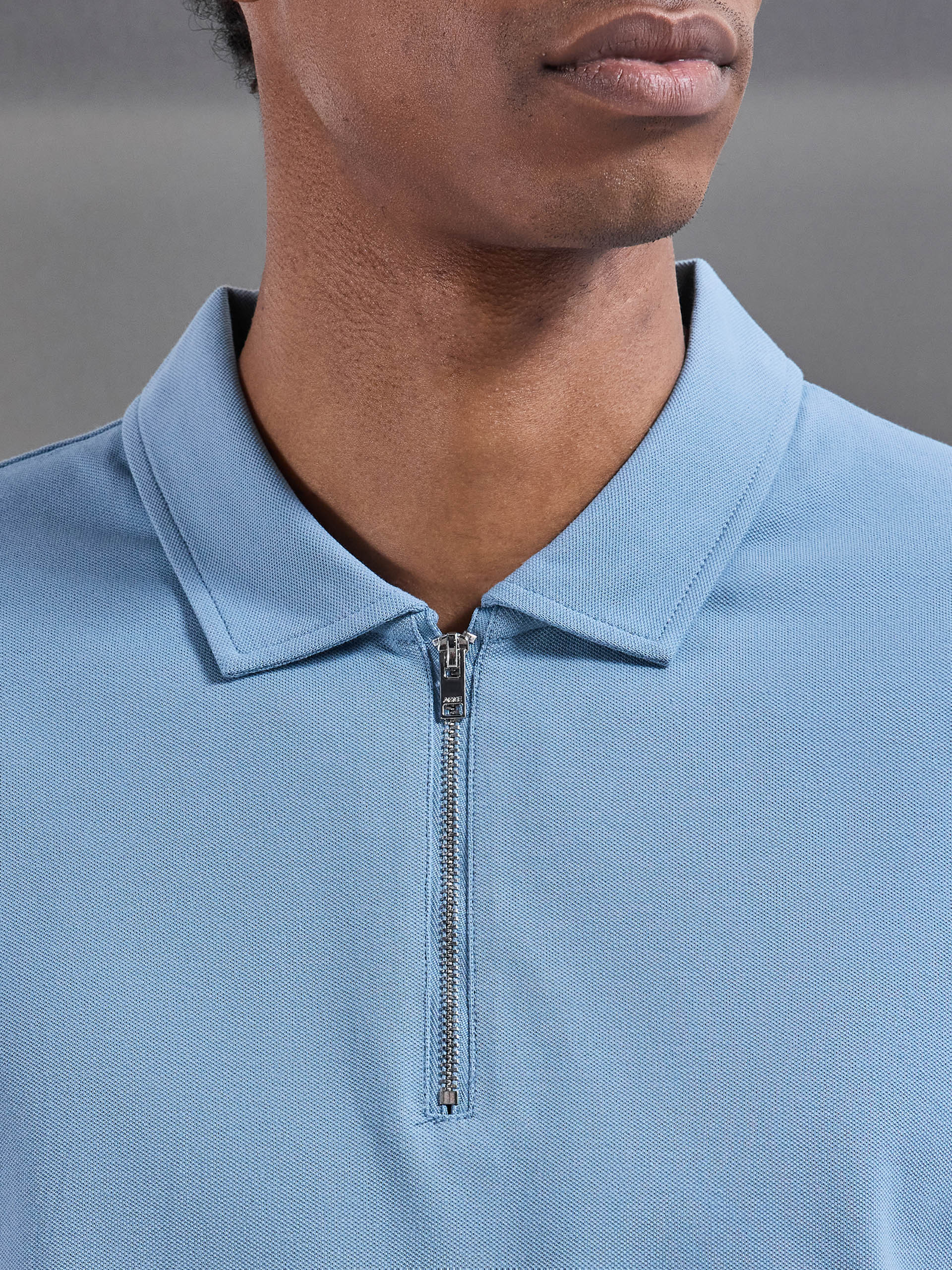 Mens Mercerised Pique Zip Polo Shirt in Light Blue