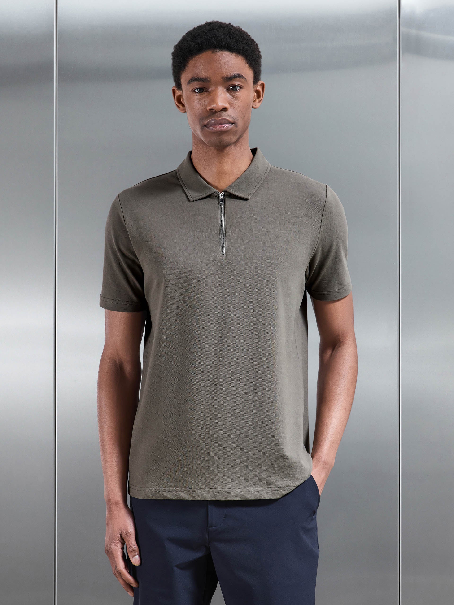 Mens Mercerised Pique Zip Polo Shirt in Sage