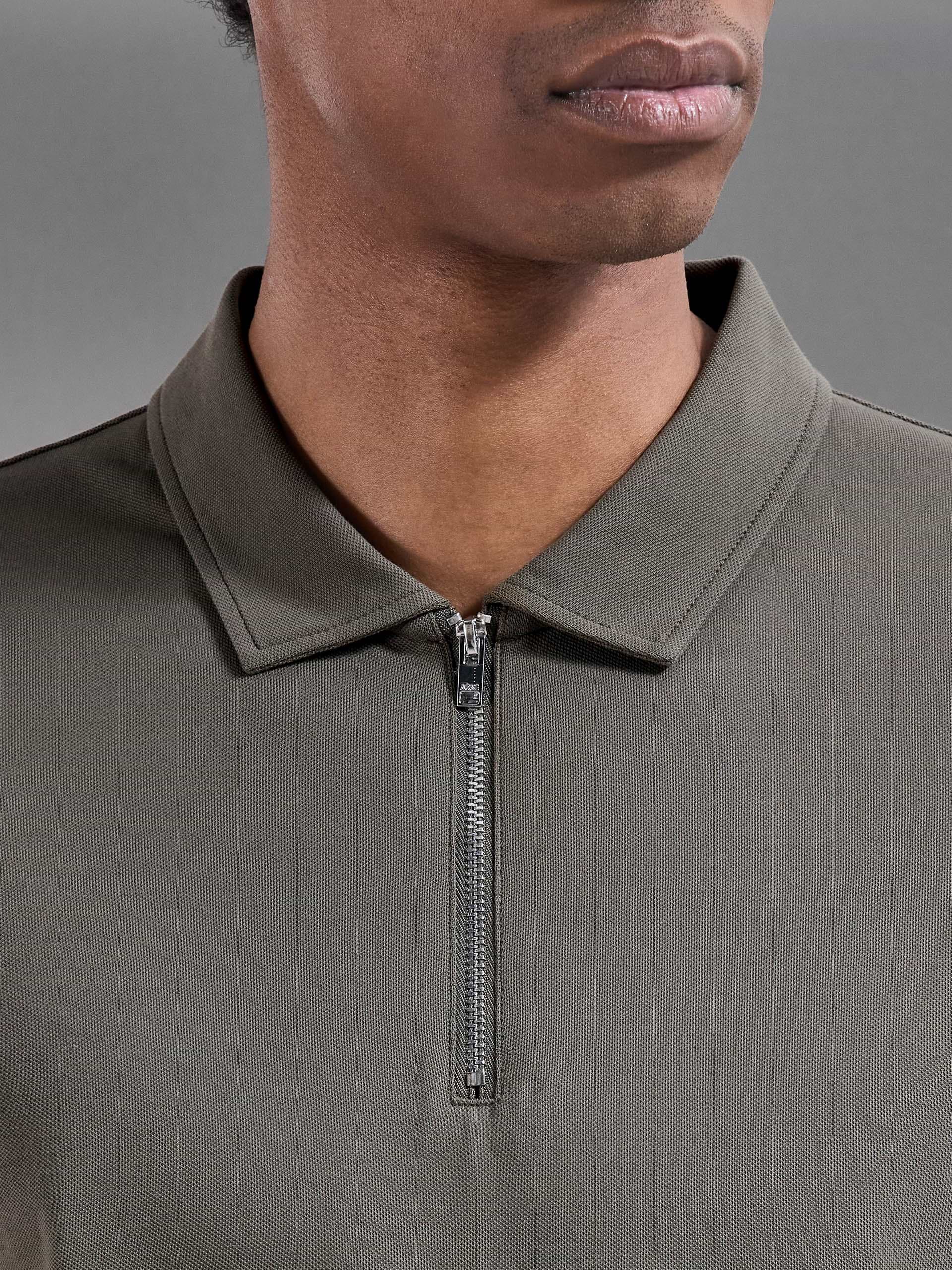 Mercerised Pique Zip Polo Shirt in Sage
