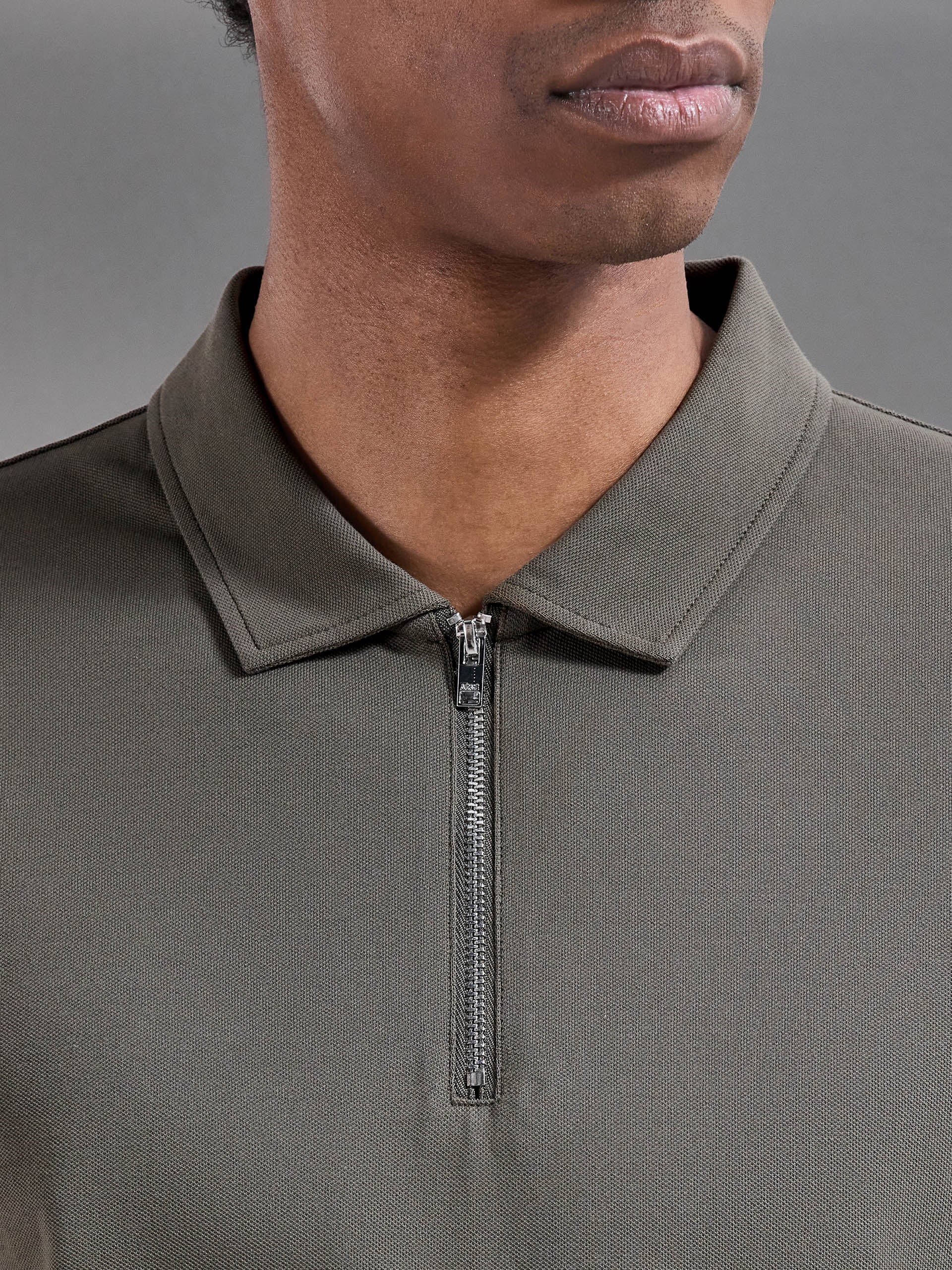 Mens Mercerised Pique Zip Polo Shirt in Sage