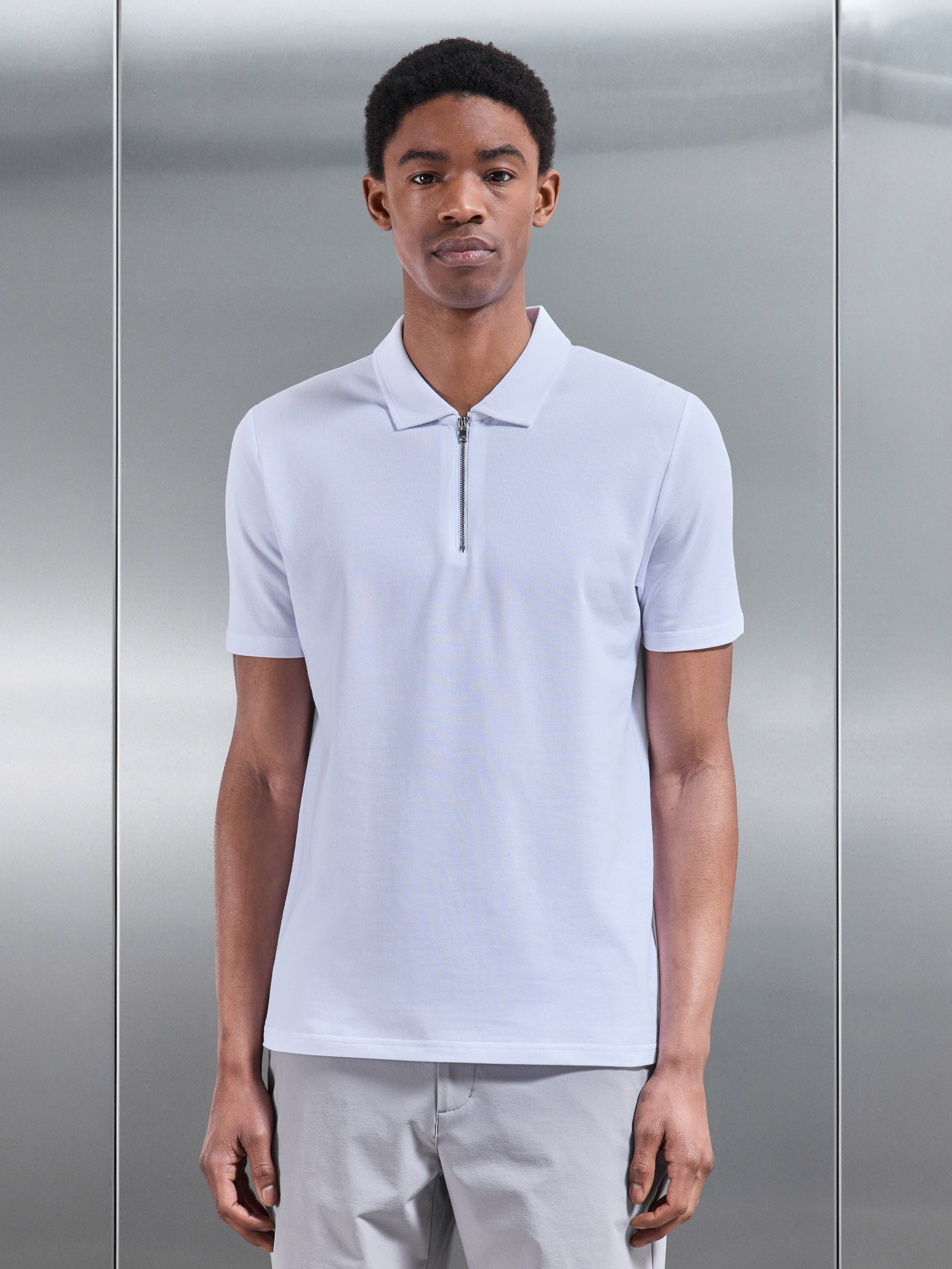 Mens Mercerised Pique Zip Polo Shirt in White
