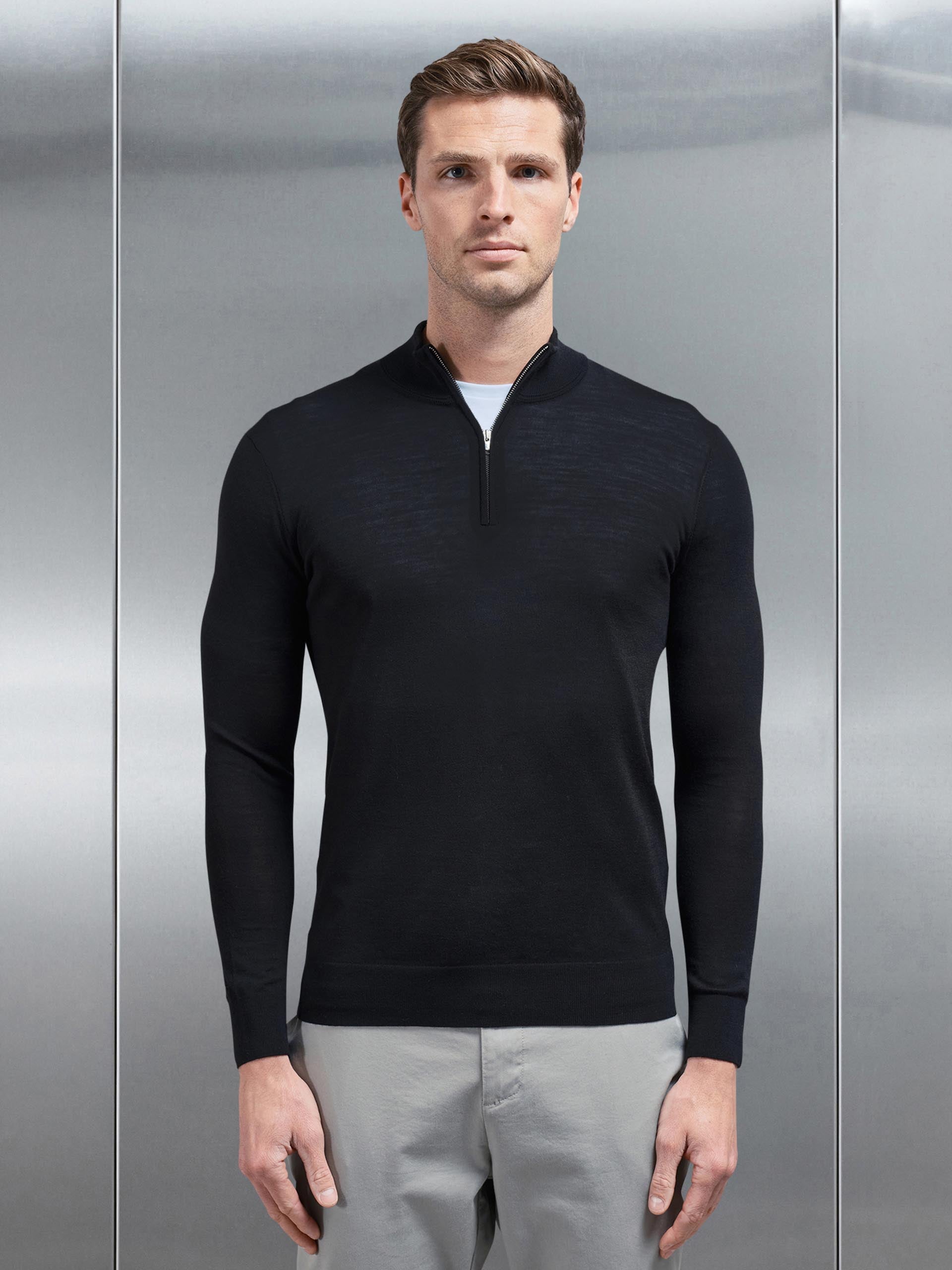 Mens Merino Wool Half Zip Funnel Neck in Black