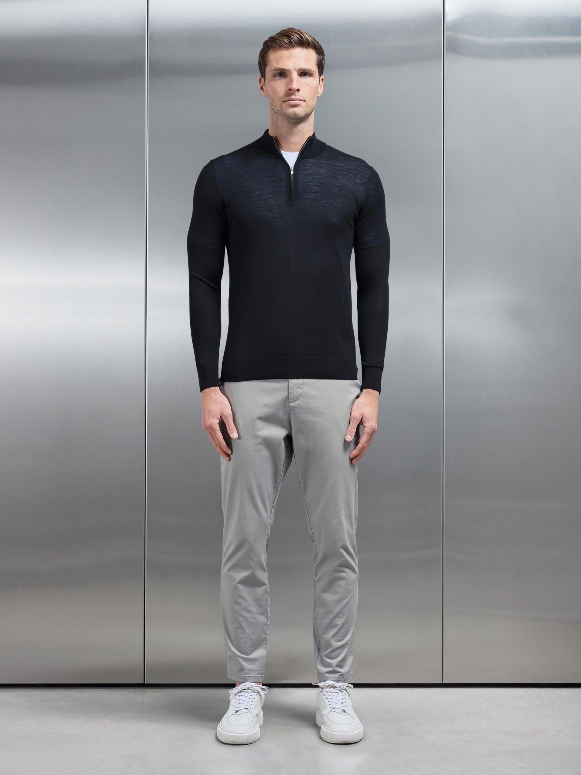 Mens Merino Wool Half Zip Funnel Neck in Black