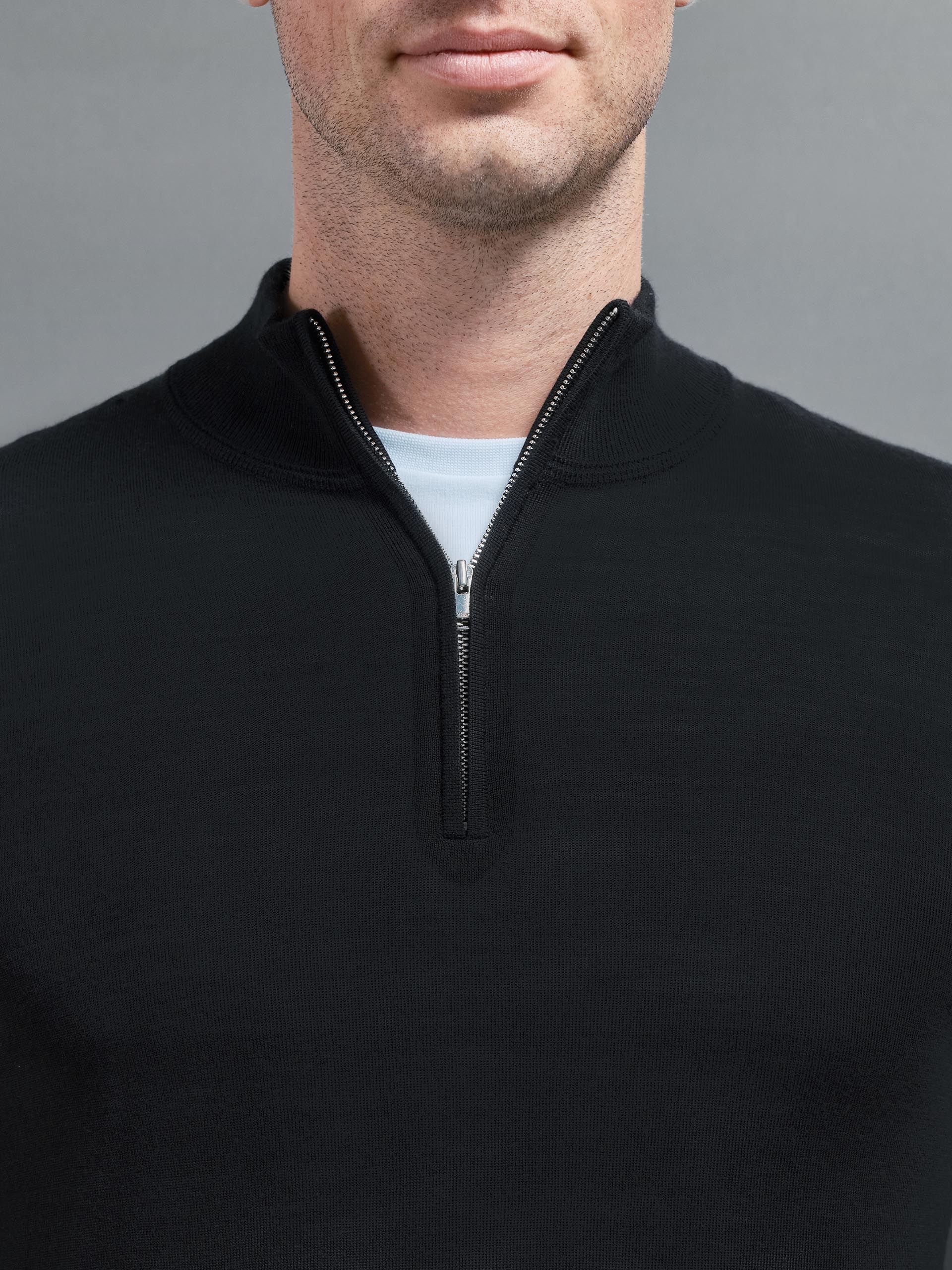 Mens Merino Wool Half Zip Funnel Neck in Black