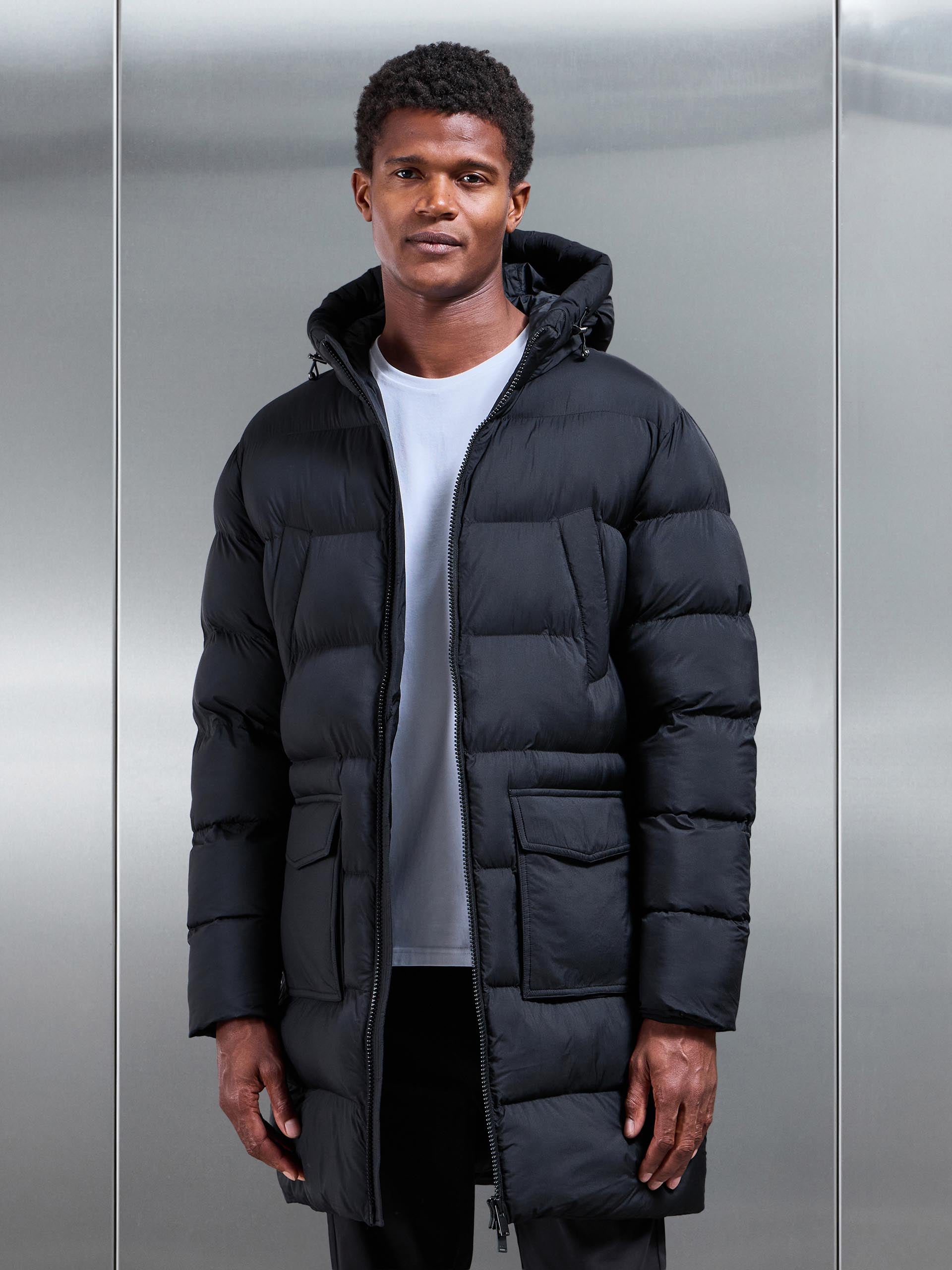 Mens Mid Length Puffer Parka in Black