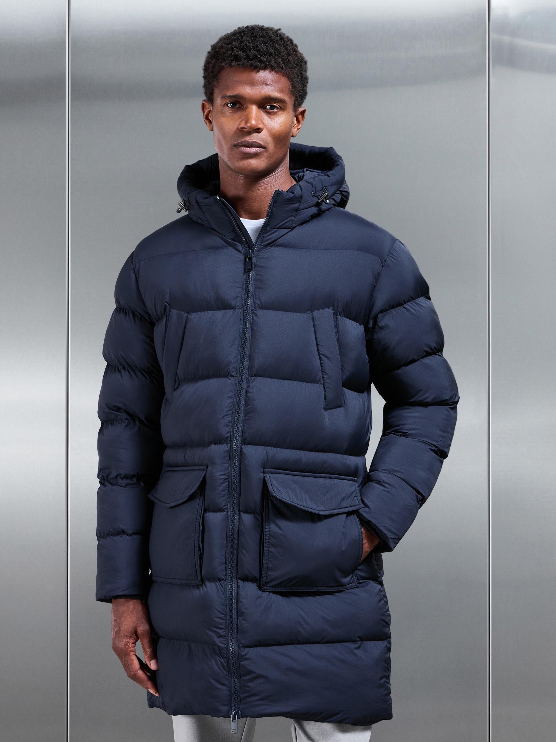 Mens Mid Length Puffer Parka in Navy