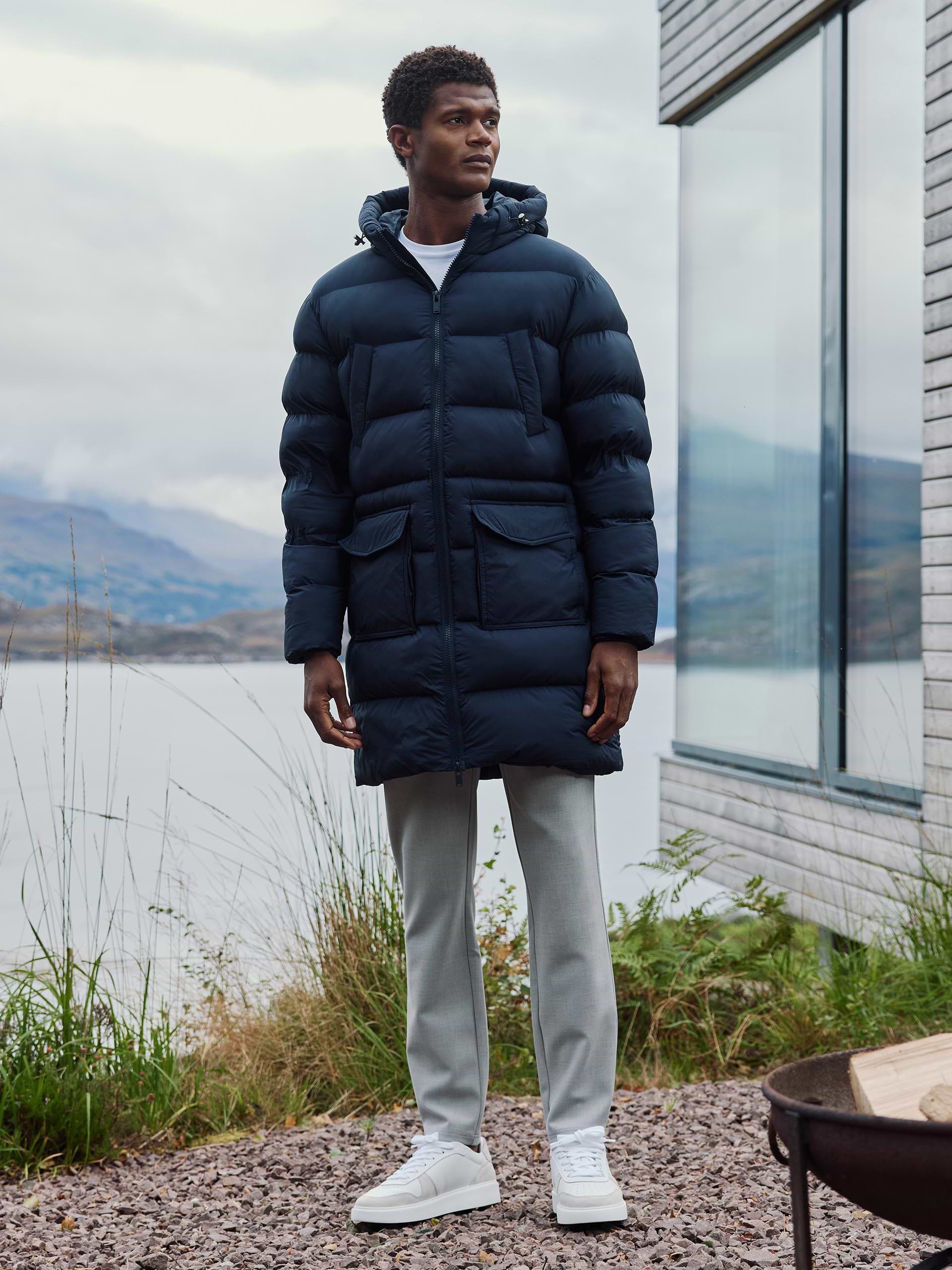 Mens Mid Length Puffer Parka in Navy