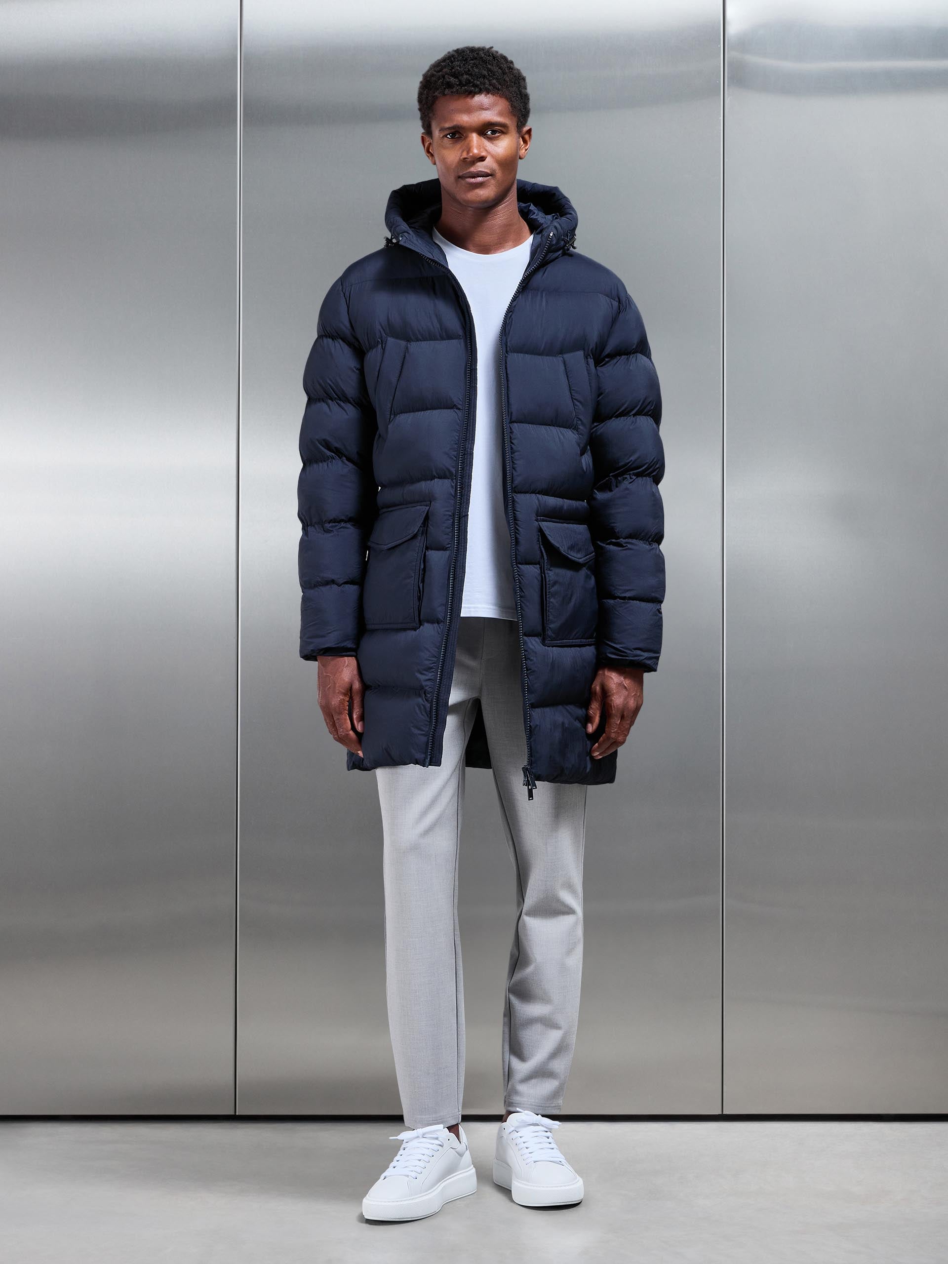 Mens Mid Length Puffer Parka in Navy