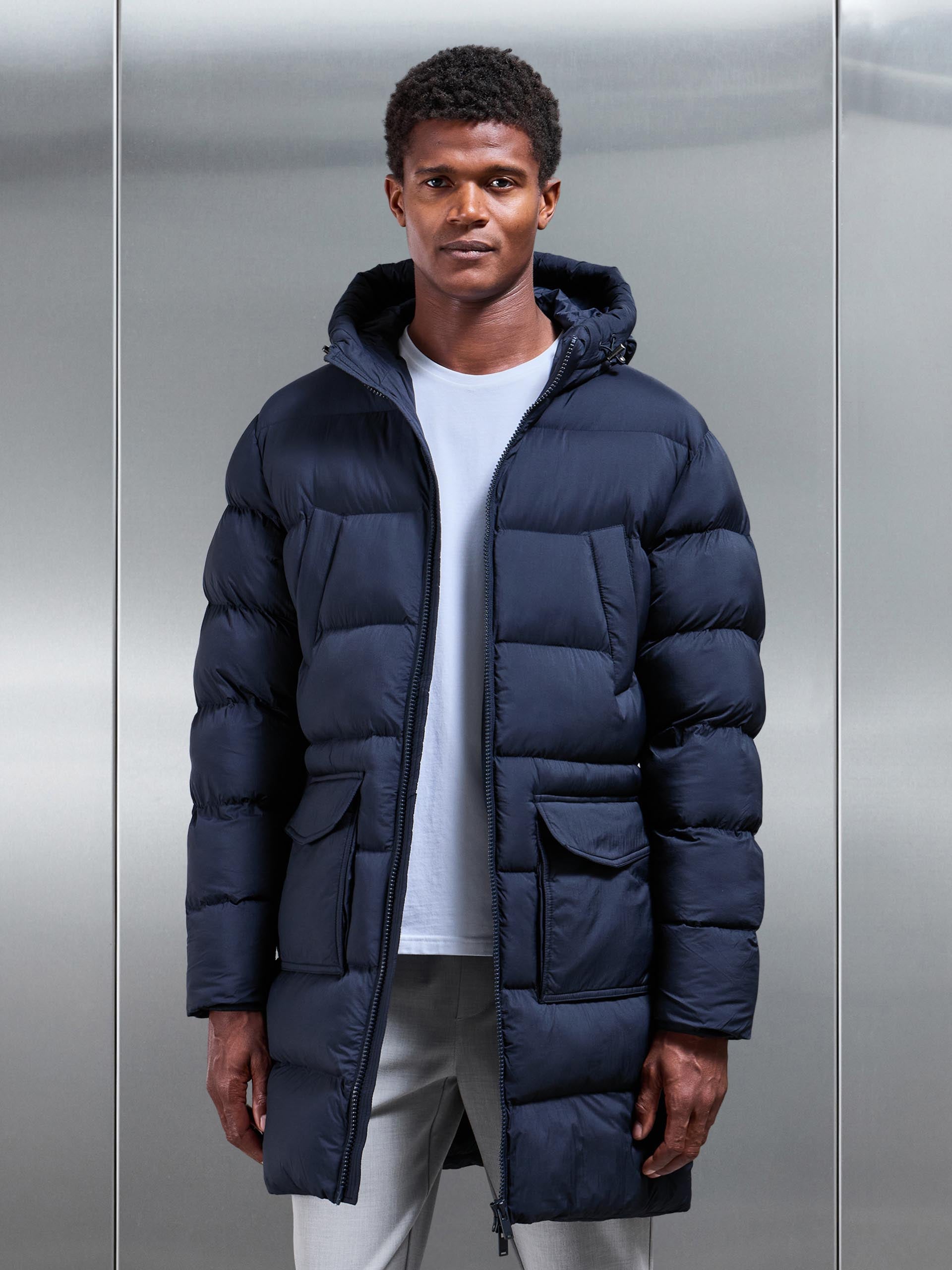 Mens Mid Length Puffer Parka in Navy