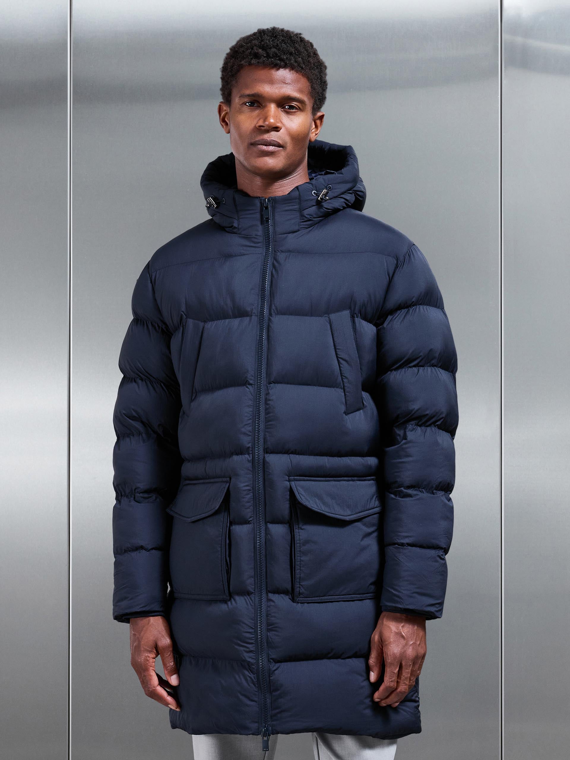 Mens Mid Length Puffer Parka in Navy
