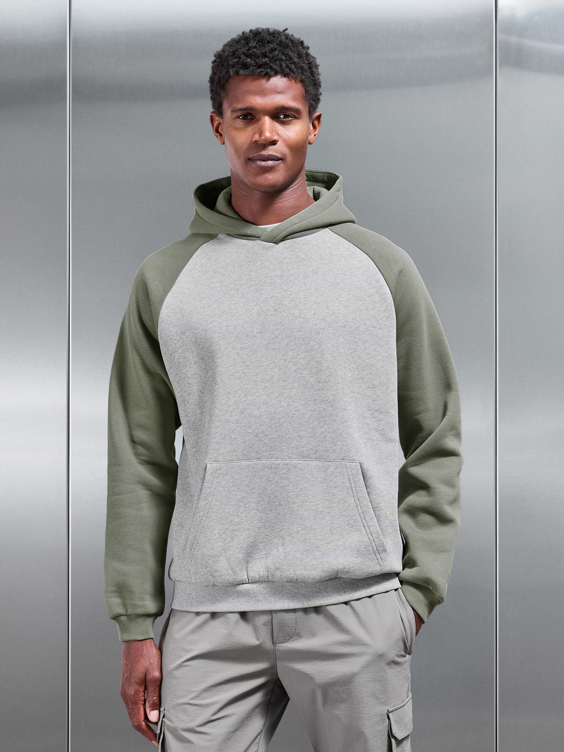 Neoprene Raglan Colour Block Hoodie in Olive Marl Grey