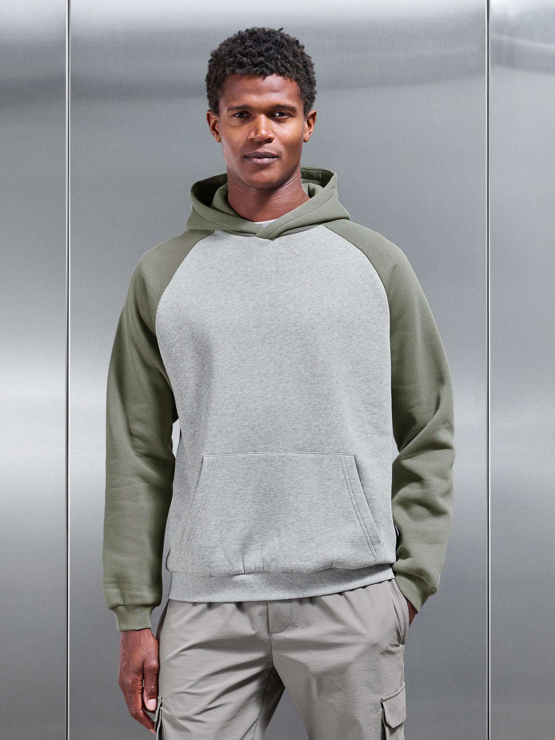 Mens Neoprene Raglan Colour Block Hoodie in Olive Marl Grey