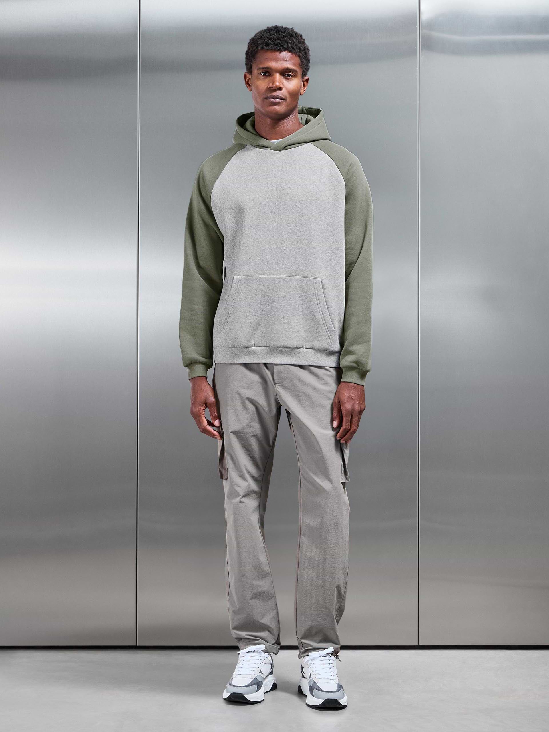 Neoprene Raglan Colour Block Hoodie in Olive Marl Grey