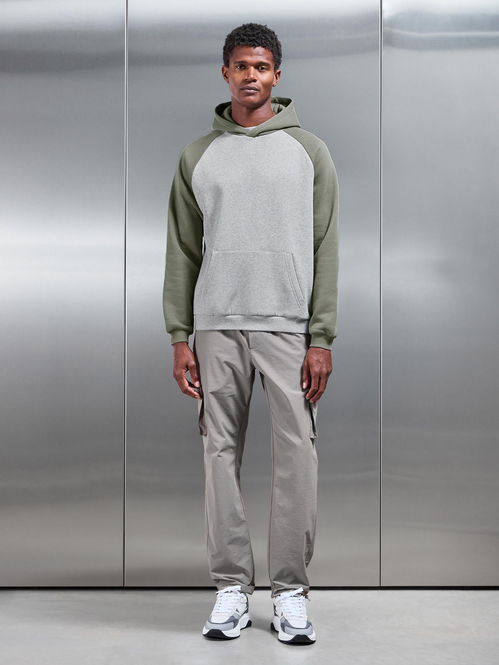 Mens Neoprene Raglan Colour Block Hoodie in Olive Marl Grey