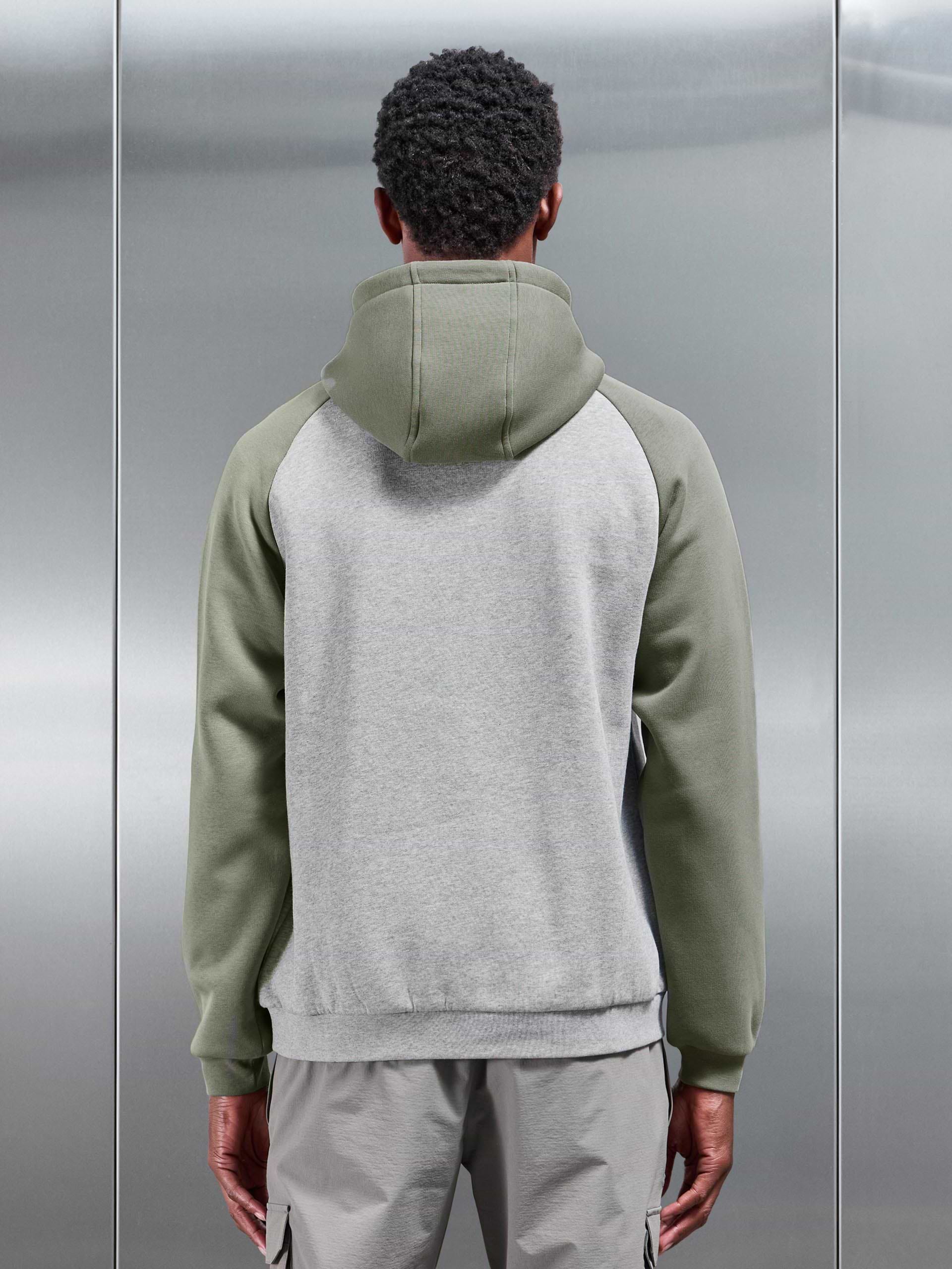 Neoprene Raglan Colour Block Hoodie in Olive Marl Grey